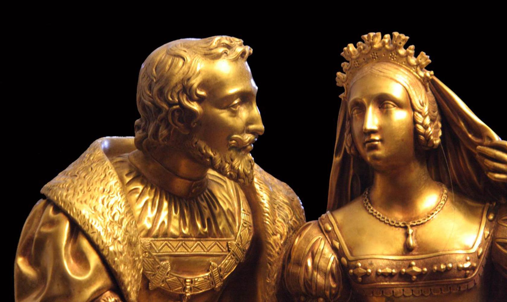 Charles V. - Commemoratives Kaminsims-Uhr-Set aus vergoldeter Bronze und schwarzem Marmor (Gold) im Angebot