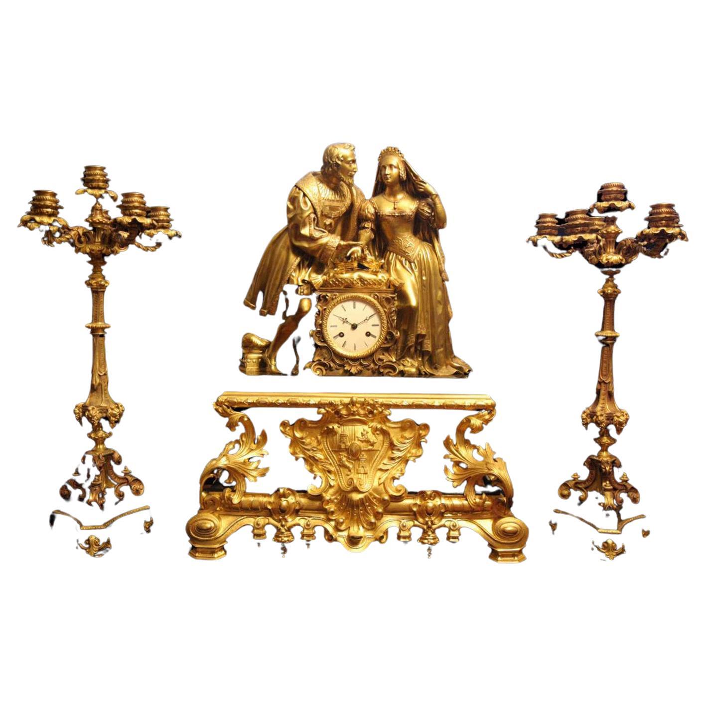 Charles V - Commemorative Gold Plated Bronze and Black Marble Mantel Clock Set For Sale
