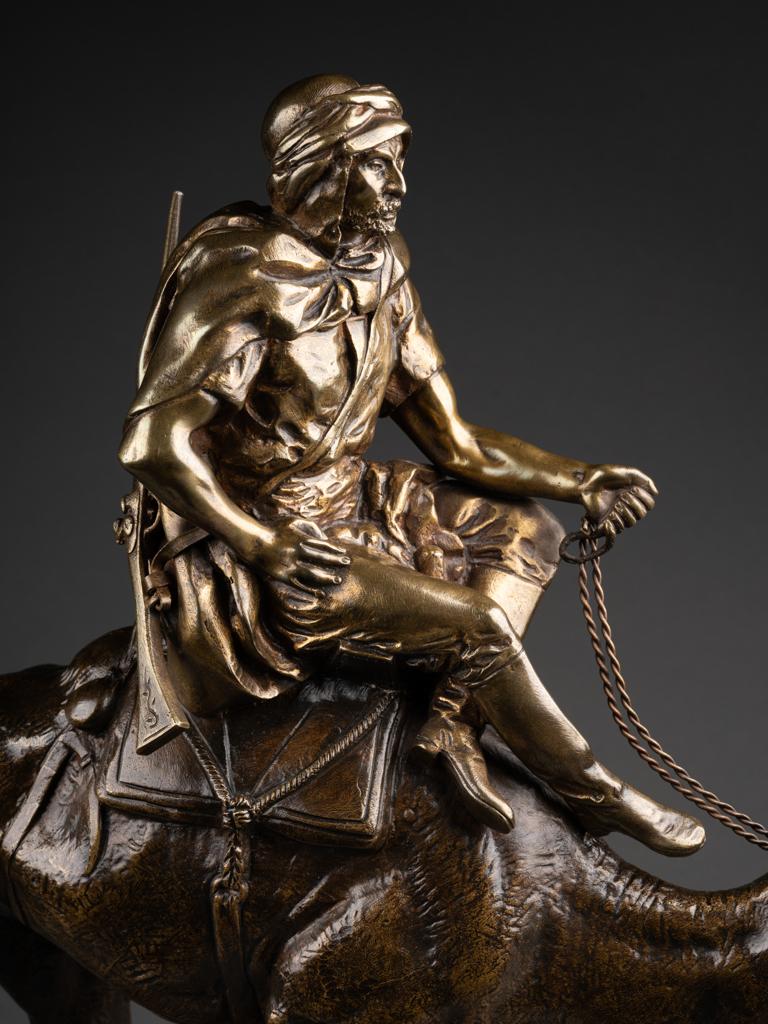 Patiné Charles Valton : « guerrier arabe chevauchant un dromedary », sculpture en bronze, XIXe siècle 