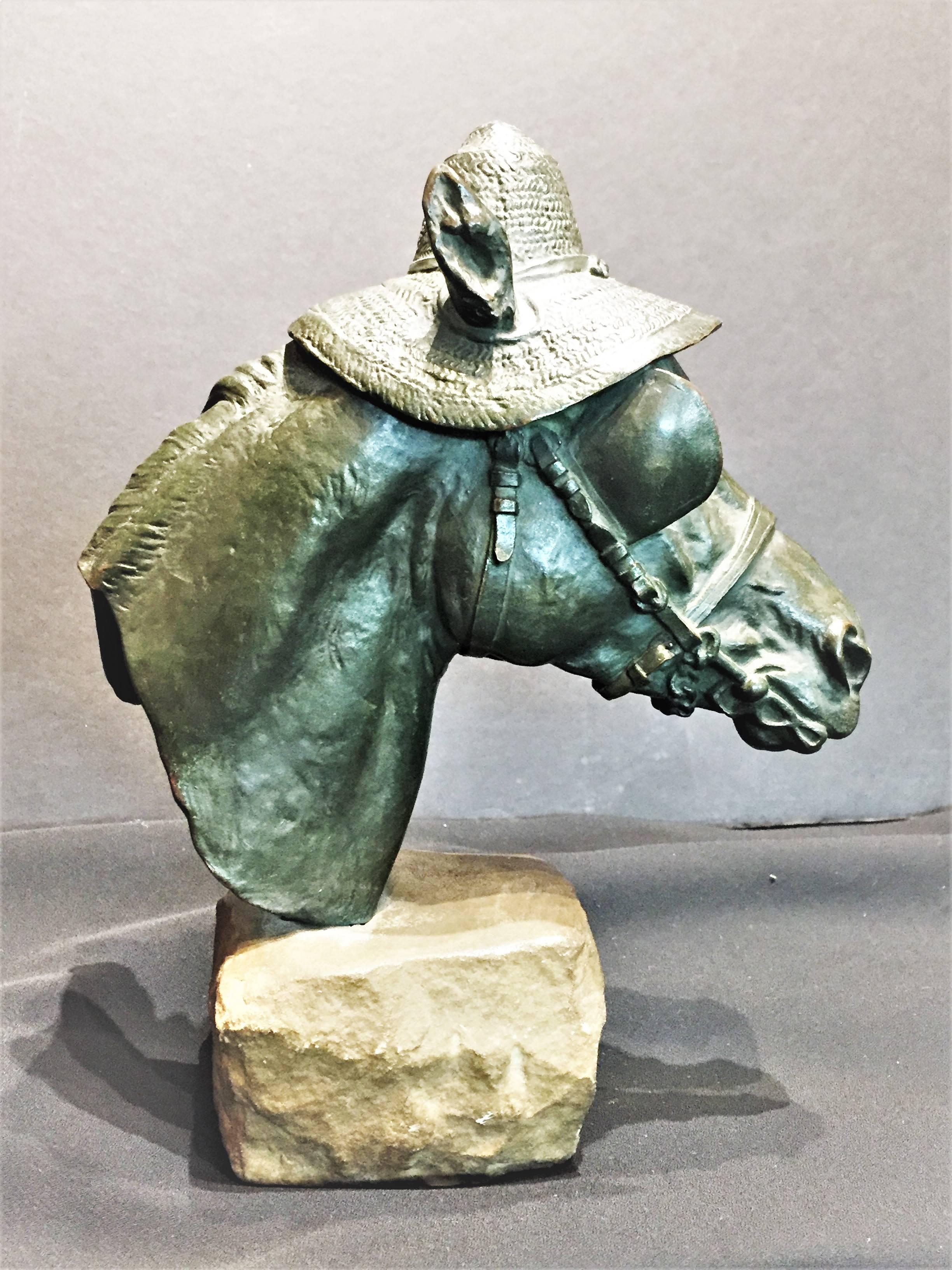 Romantic Charles Valton, Horse Head in Straw Hat, Patinated Bronze Sculpture, circa 1880s