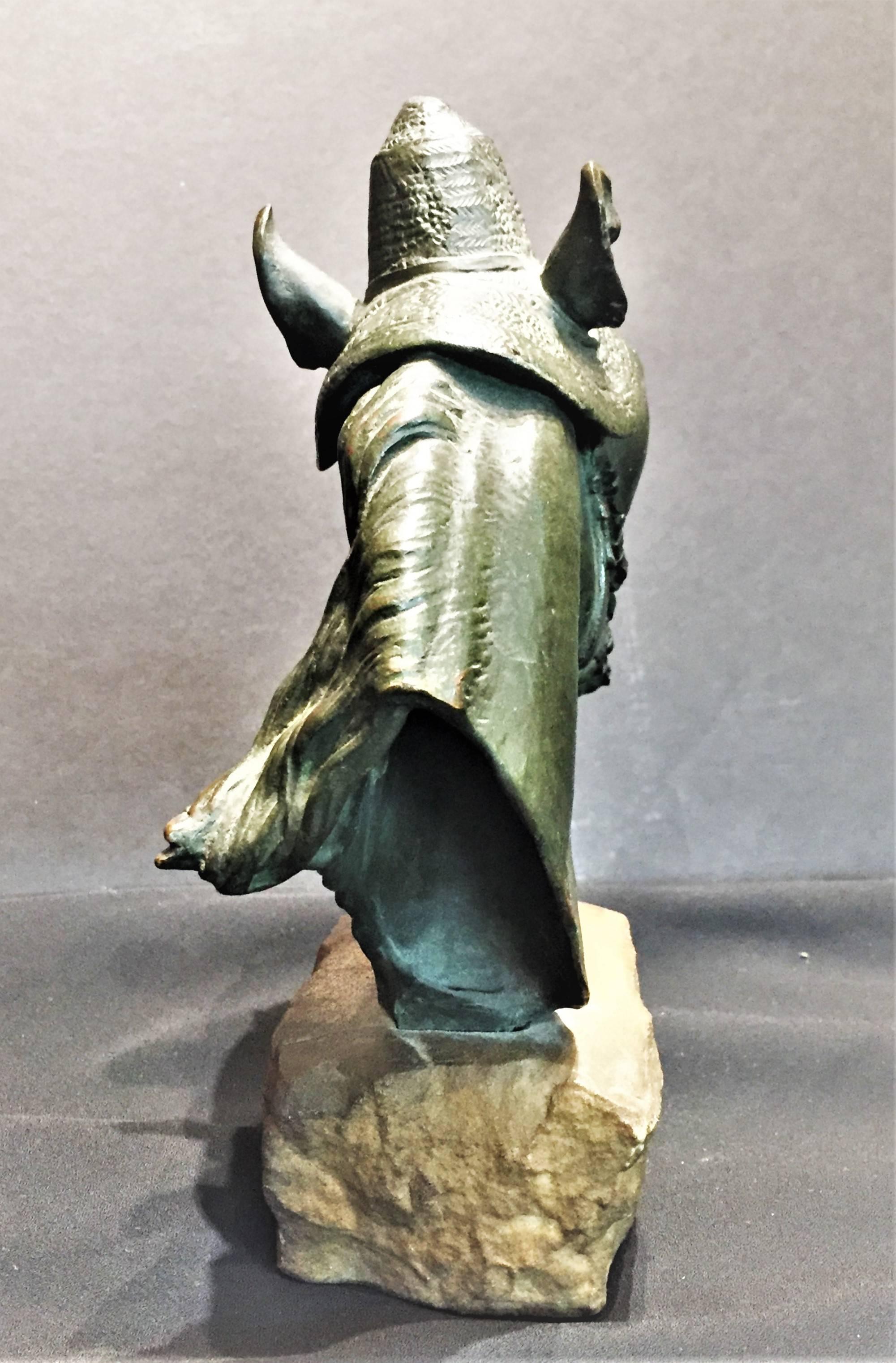 French Charles Valton, Horse Head in Straw Hat, Patinated Bronze Sculpture, circa 1880s