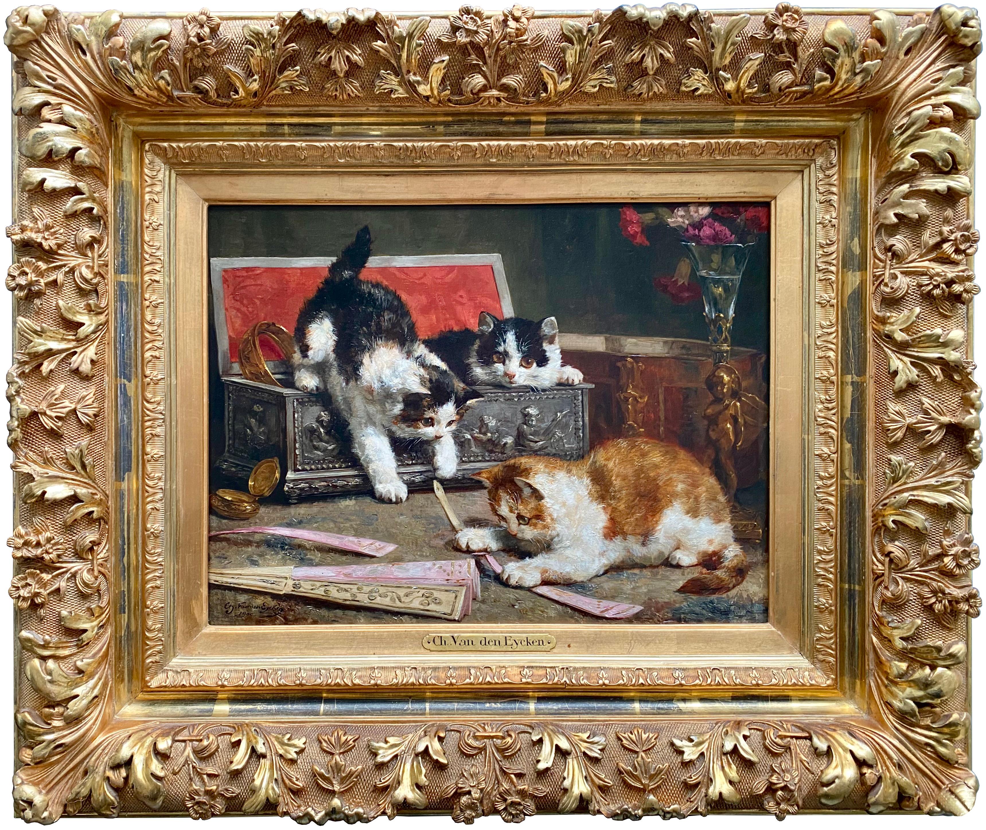 Les chatons curieux" de Charles Van DEN (1859 - 1923) Peintre romantique