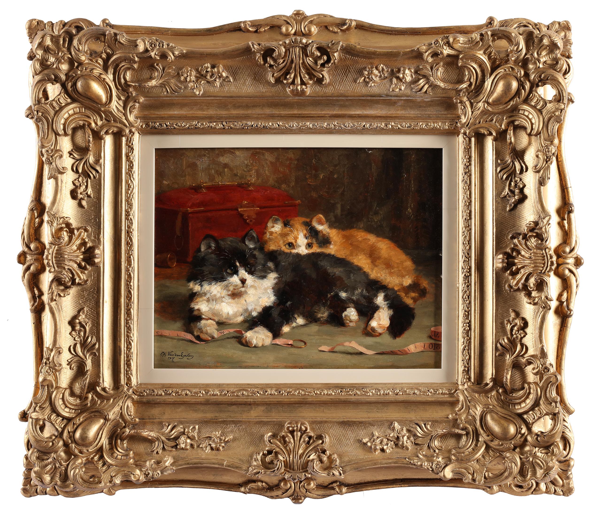 Two cats playing with a measuring tape- Charles Van den Eycken (1859 -1923) - Painting by Charles Van Den Eycken