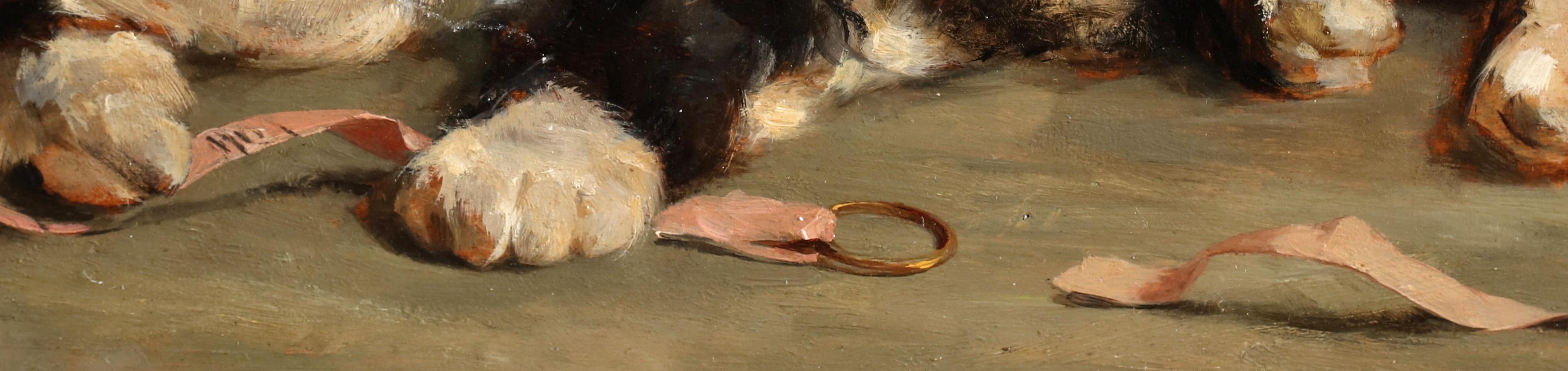 Two cats playing with a measuring tape- Charles Van den Eycken (1859 -1923) - Brown Animal Painting by Charles Van Den Eycken