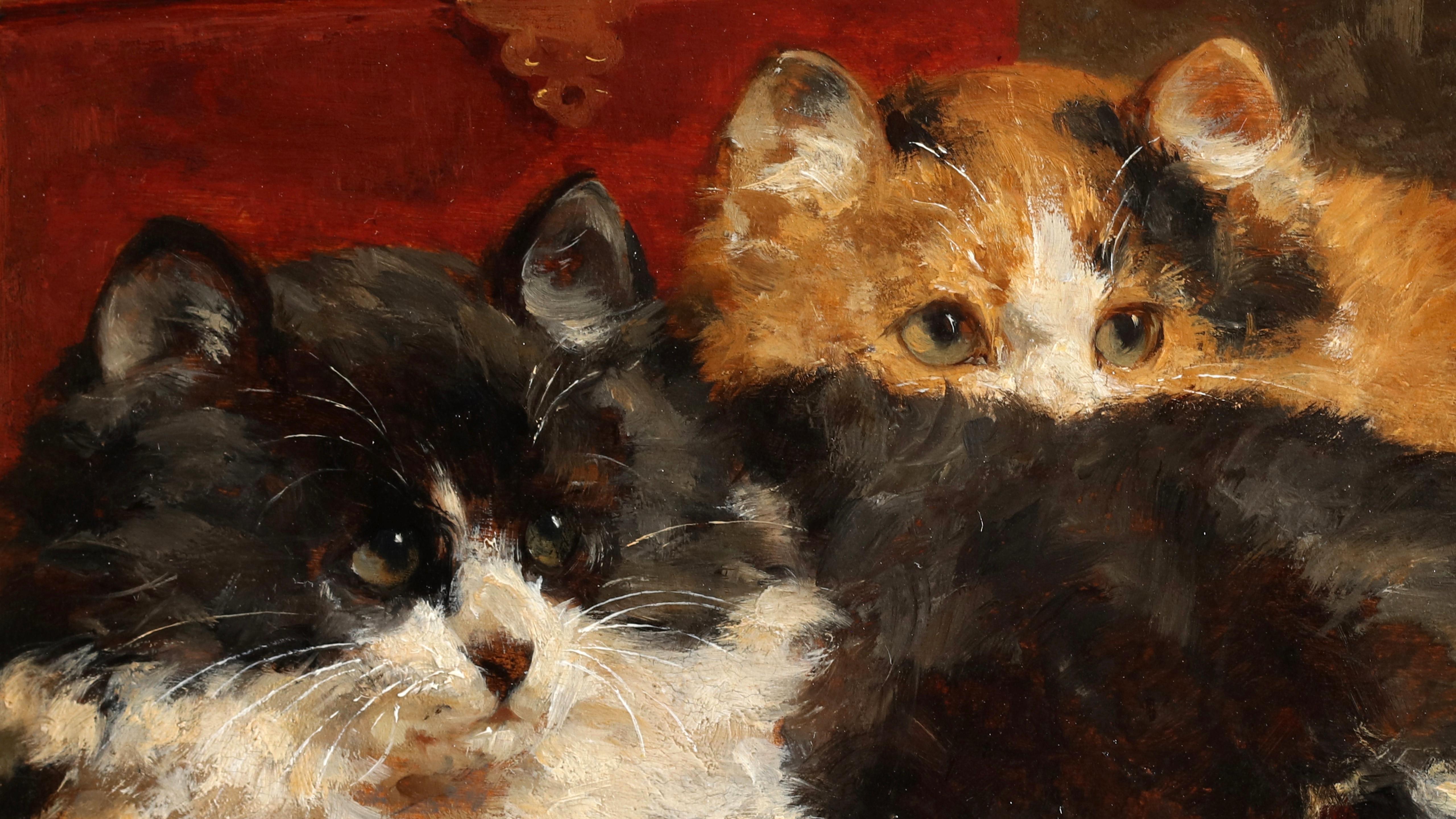 Two cats playing with a measuring tape- Charles Van den Eycken (1859 -1923) For Sale 1