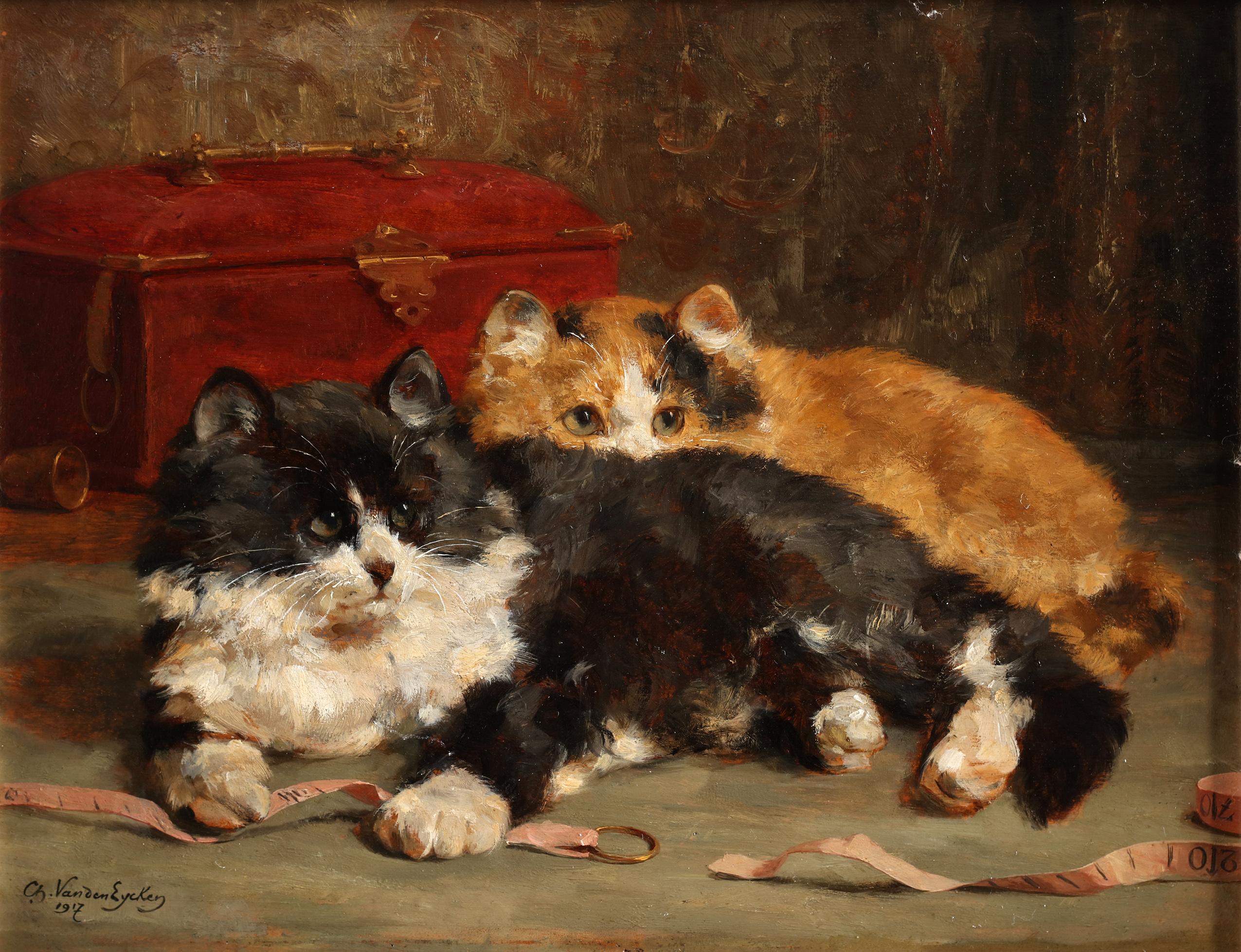 Charles Van Den Eycken Animal Painting - Two cats playing with a measuring tape- Charles Van den Eycken (1859 -1923)
