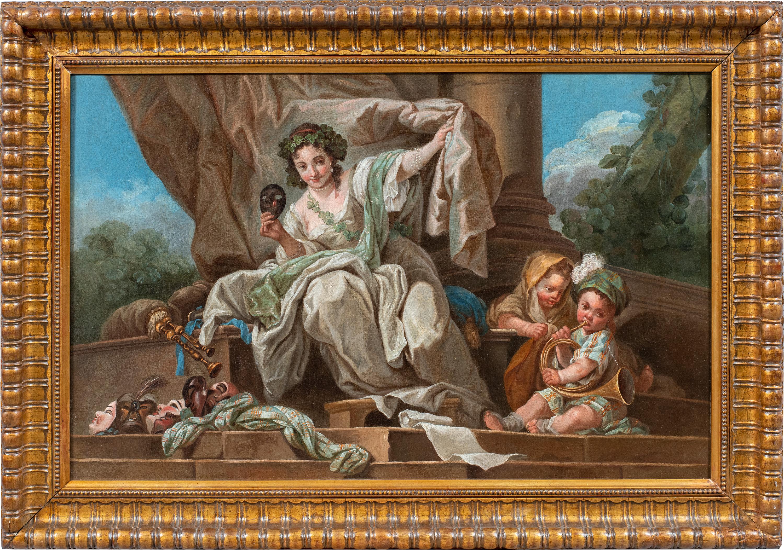 Charles-André van Loo (Nice 1705 - Paris 1765) cercle de - Allégorie de la comédie.

54 x 83 cm sans cadre, 70,5 x 99,5 cm avec cadre.

Peinture à l'huile ancienne sur toile, dans un cadre en bois sculpté et doré.

État des lieux : Toile originale.
