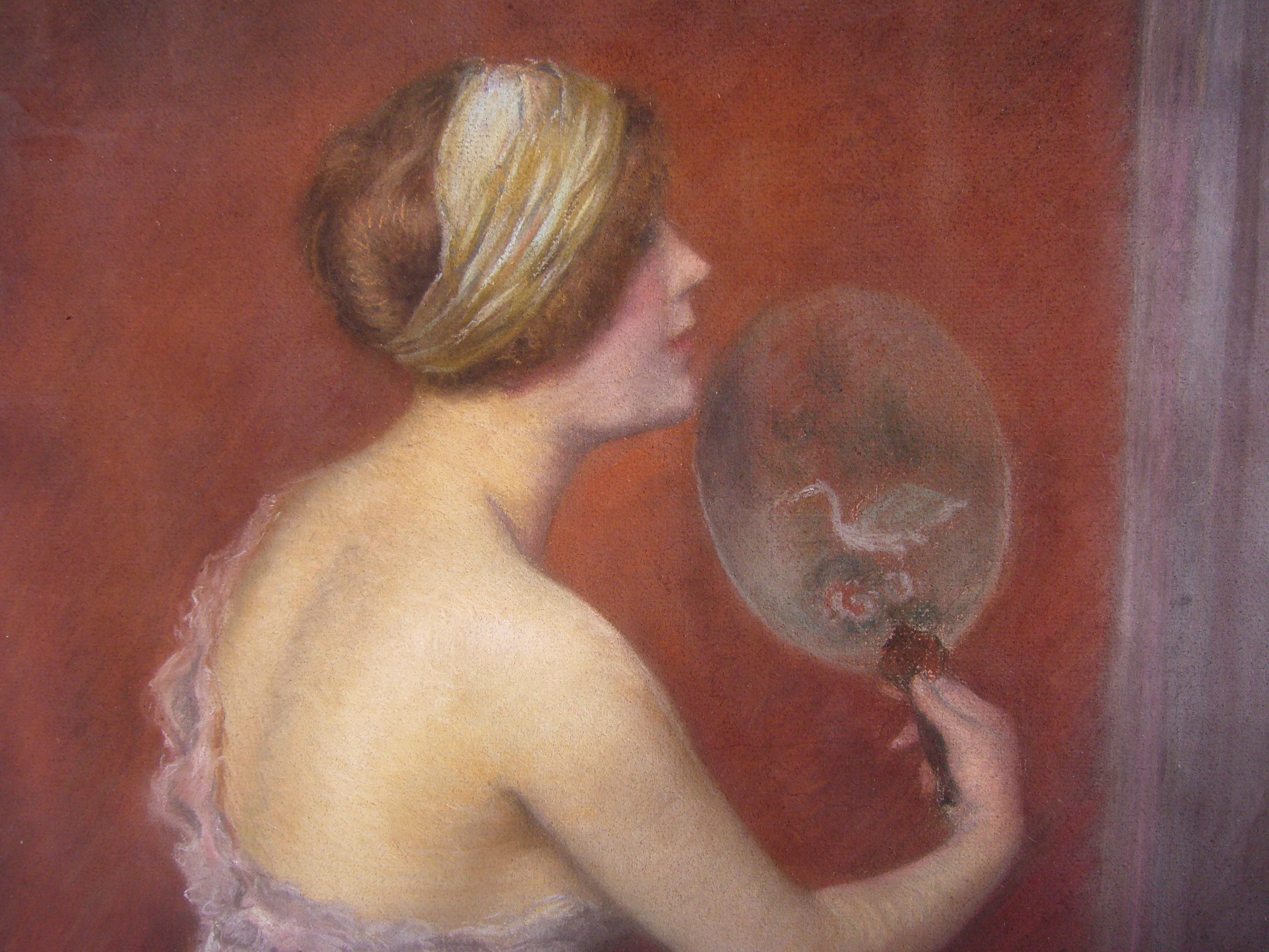 The lady with fan - oil pastel on paper, 64x52 cm. framed - Painting by Charles Vasnier