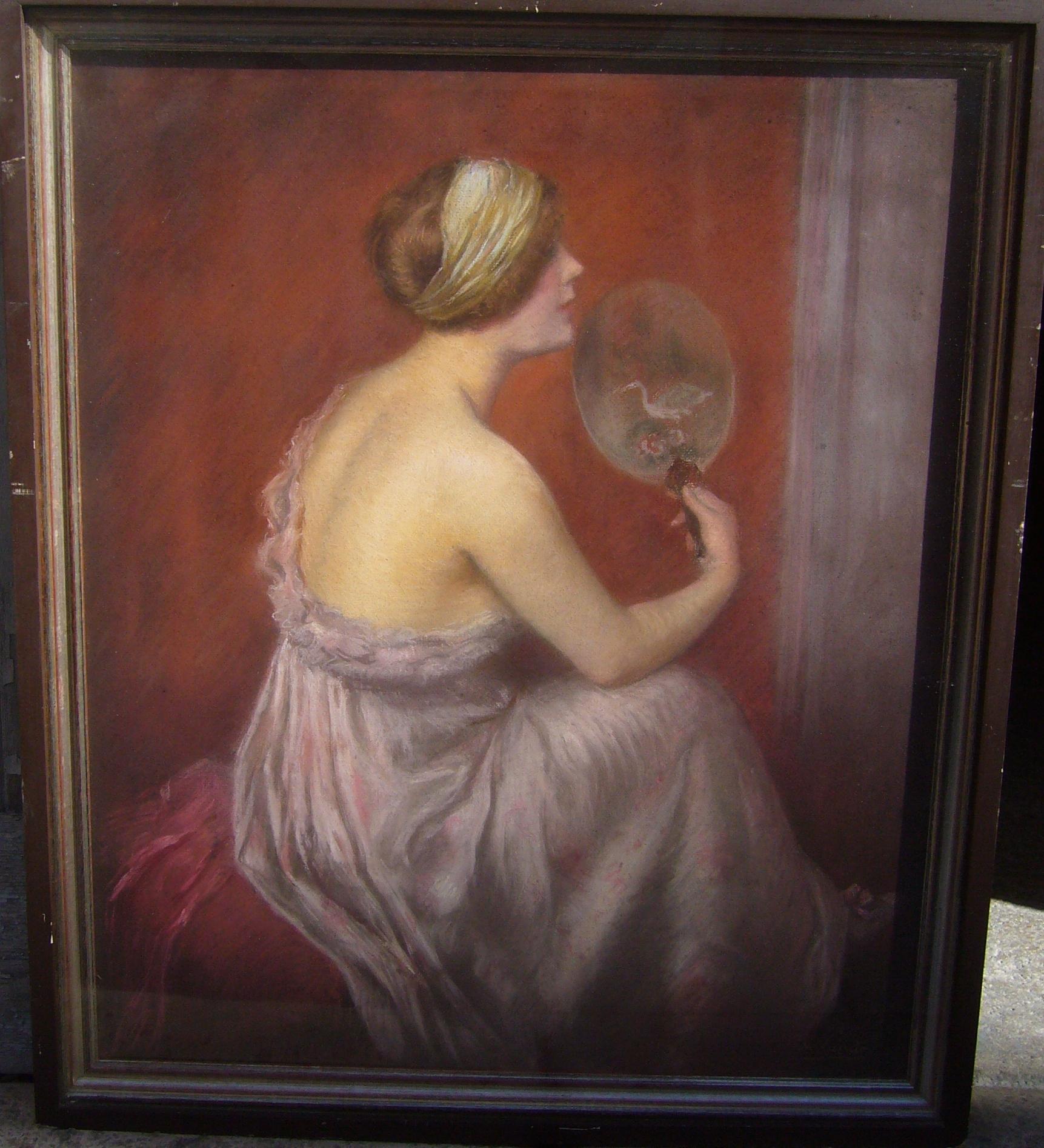 Charles Vasnier Figurative Painting - The lady with fan - oil pastel on paper, 64x52 cm. framed