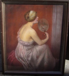 Antique The lady with fan - oil pastel on paper, 64x52 cm. framed