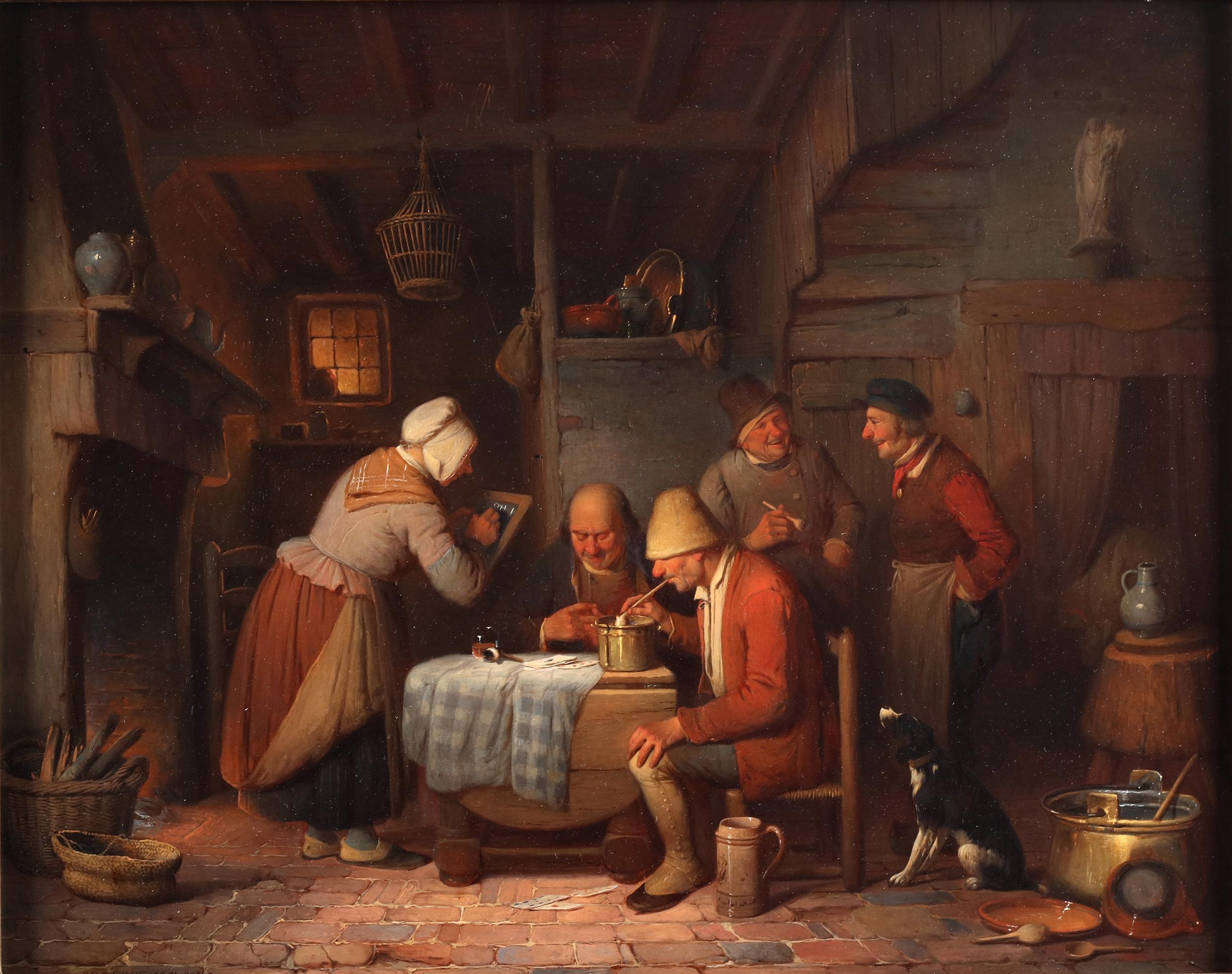 Oil on panel
Signed lower left: "Ch. Venneman 1854"

A scene of lively camarderie and warmth unfolds within the intimate confines of a rustic inn. The artist masterfully captures the essence of conviviality and merriment in this charming interior