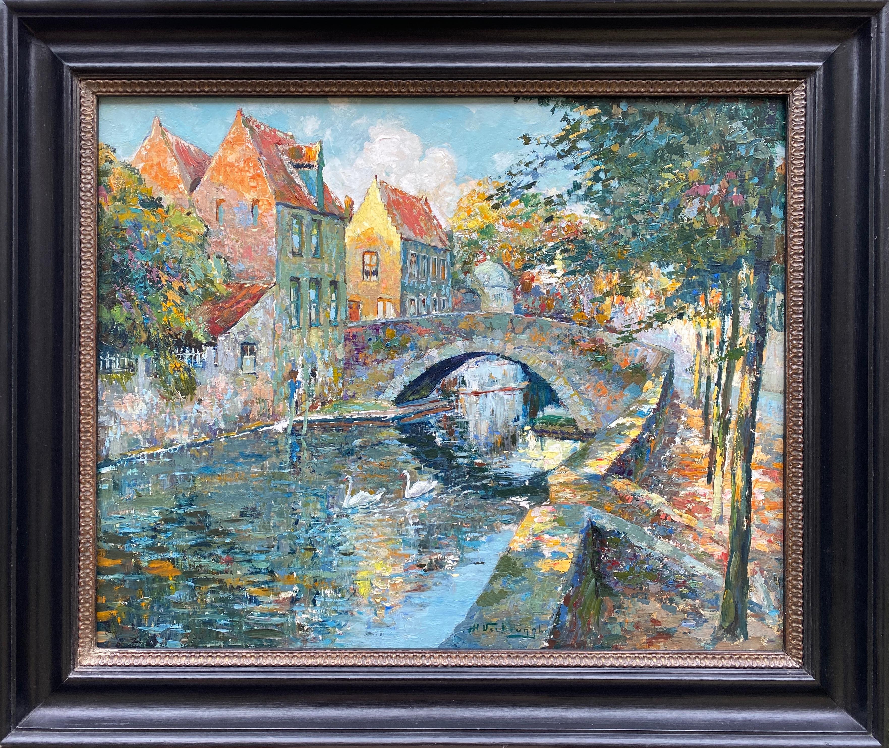 Swans of Bruges – Groenerei
Verbrugghe Charles

Bruges 1877 – 1974 Paris
Belgian Painter

Signature: Signed middle right
Medium: Oil on panel
Dimensions: Image size 51 x 63 cm, frame size 65 x 77 cm

Biography: Verbrugghe Charles was born into