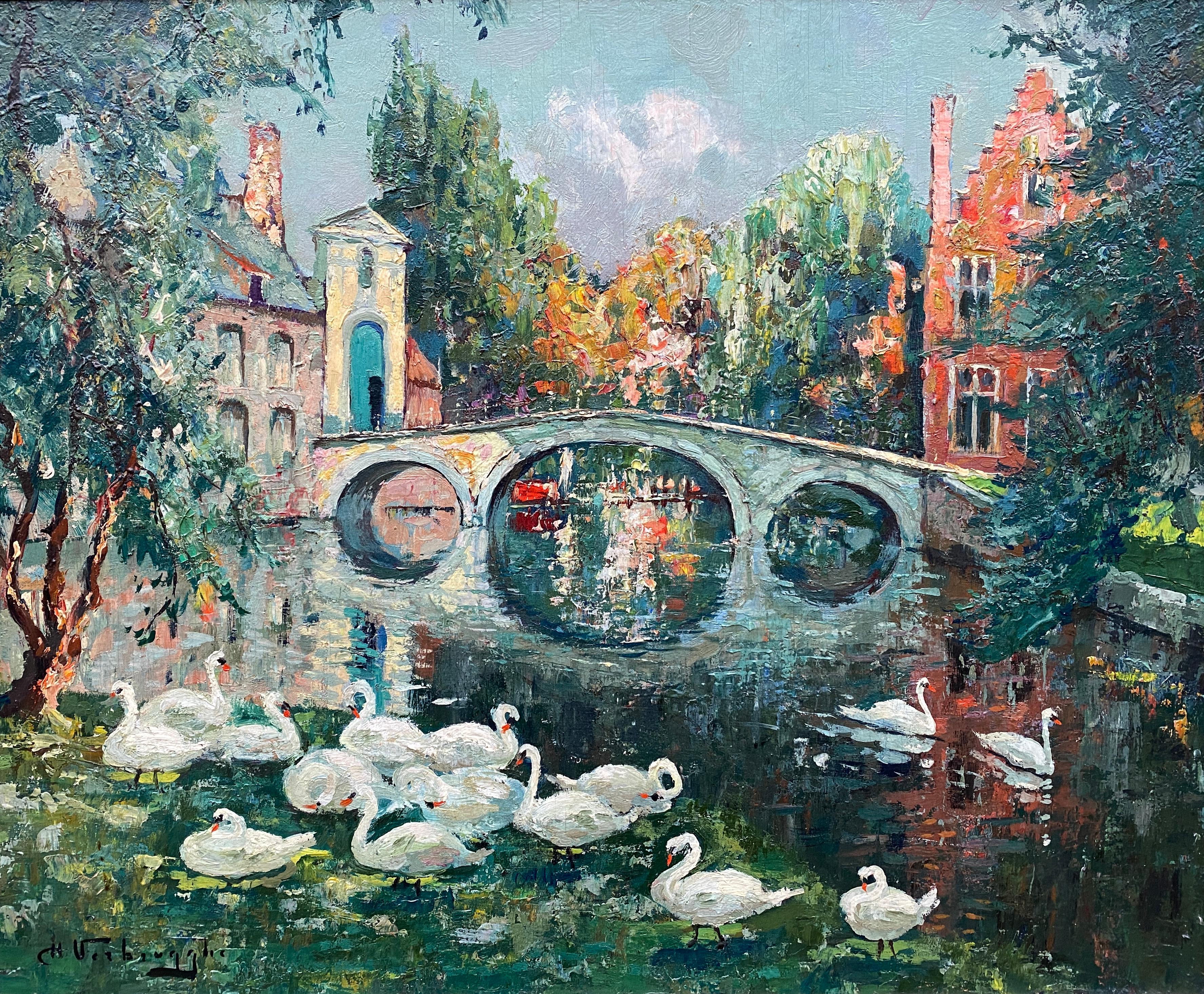 Vue du canal de Bruges avec des cygnes blancs - Entrée du béguinage, Charles Verbrugghe en vente 1