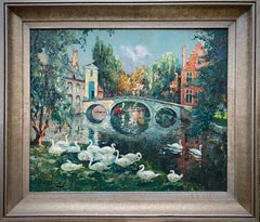 A Canal View of Bruges with White Swans – Beguinage Entrance, Charles Verbrugghe