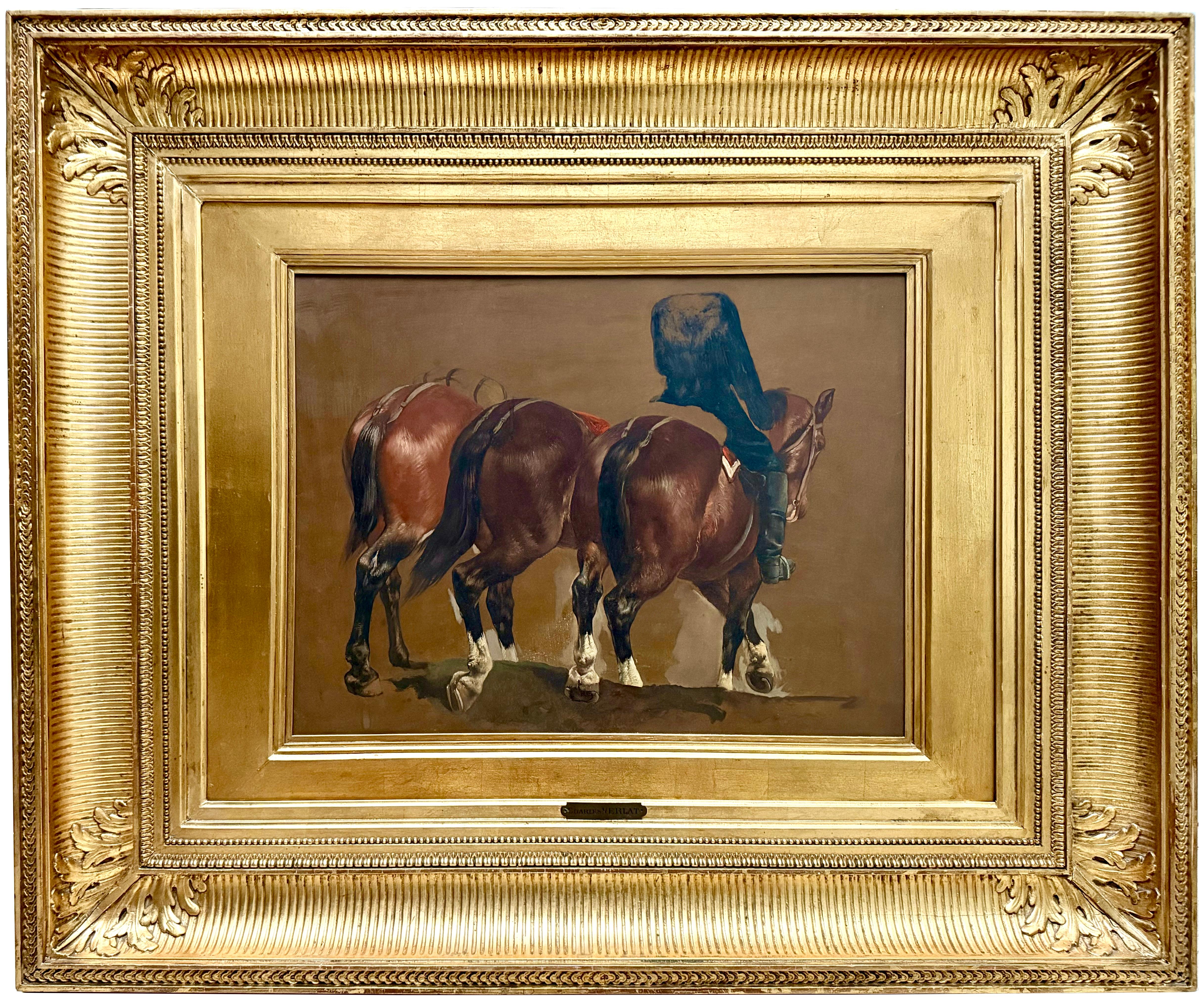 Charles Verlaat
1824 – Antwerp – 1890
Belgian Painter

Study of Three Horses

Signature: not signed
Medium: oil on paper mounted on panel
Dimensions: image size 47 x 60, frame size 88,5 x 106 cm

Biography: Charles Verlat (1824–1890) was a highly