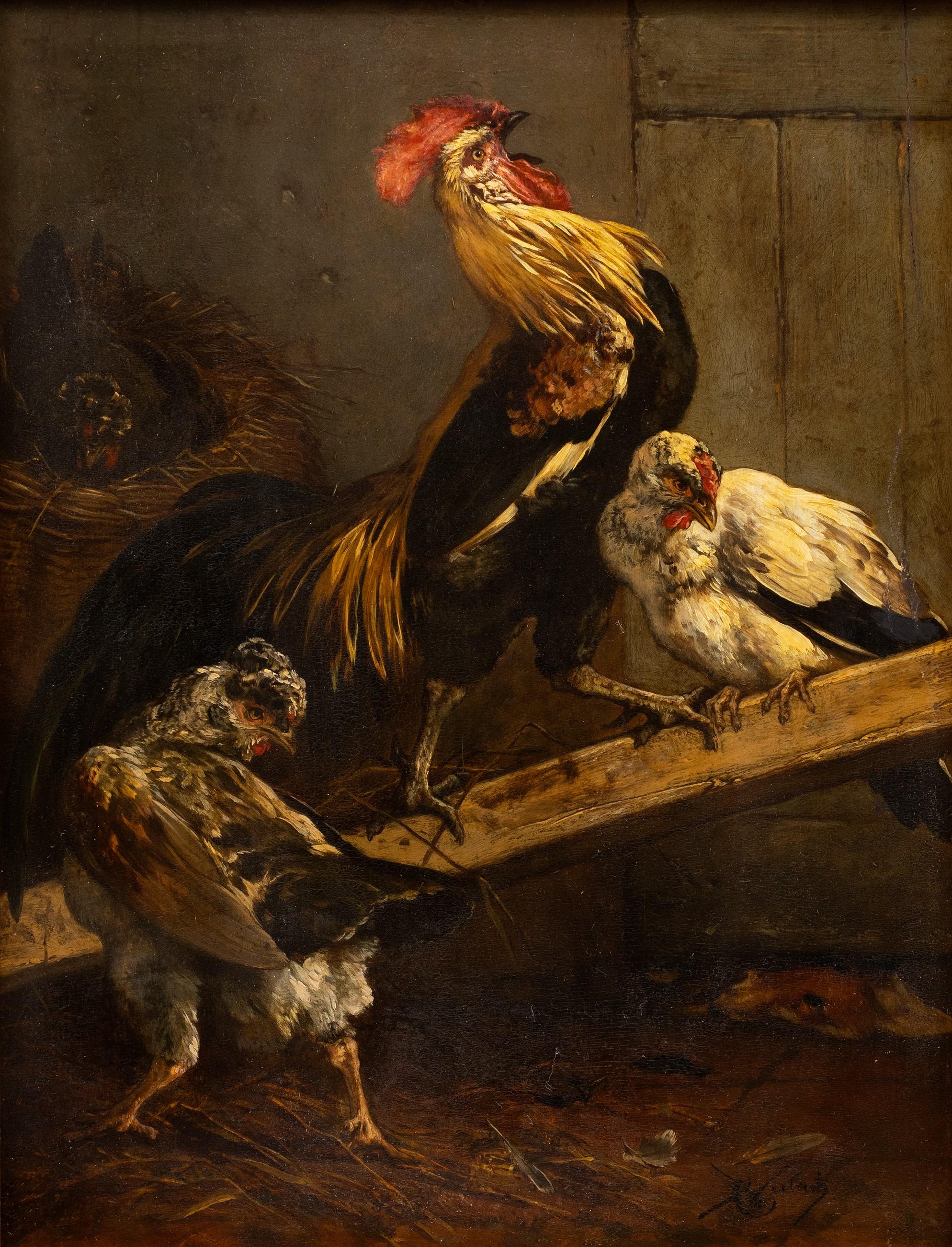 Crowing Rooster and Hens Charles Michel Maria Verlat (Belgian. 1824-1890) - Painting by Charles Verlat