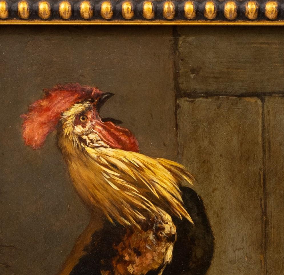 Crowing Rooster and Hens Charles Michel Maria Verlat (Belgian. 1824-1890) - Romantic Painting by Charles Verlat