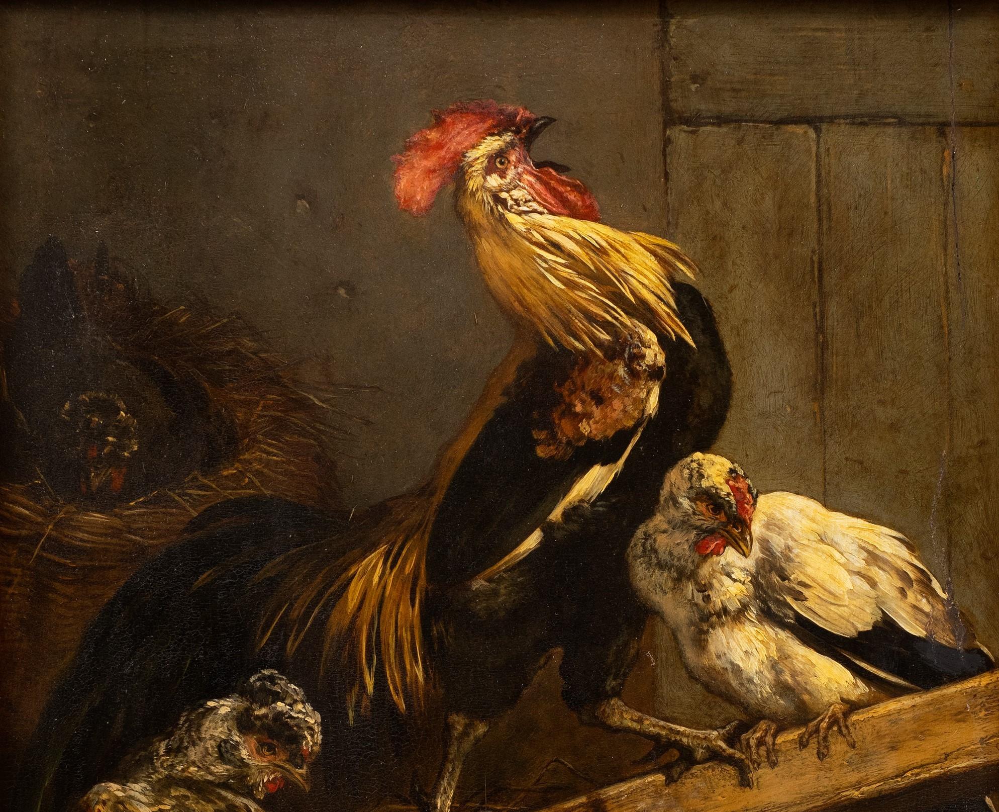Crowing Rooster and Hens Charles Michel Maria Verlat (Belgian. 1824-1890) - Black Animal Painting by Charles Verlat