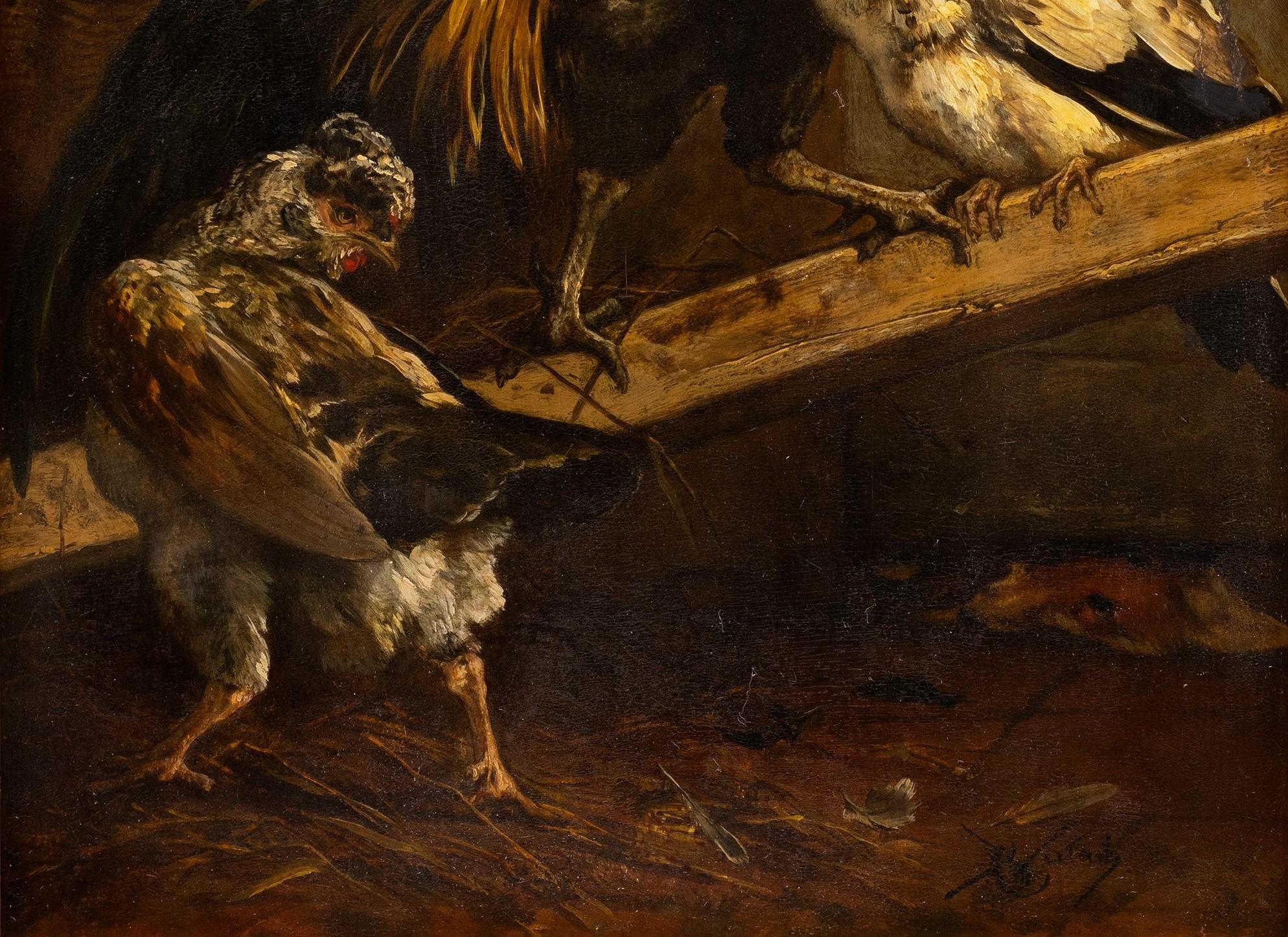 Crowing Rooster and Hens 
Charles Michel Maria Verlat (Belgian. 1824-1890)
Oil on parquet wood panel
16 x 12 (22 x 18 1/4 frame)

Charles Verlat’s animalier paintings “… show the kind of dynamic representation of animals only interactions that can