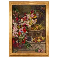 Very Large Antique Belgian Still Life Painting Fruits Flowers Charles Verlat