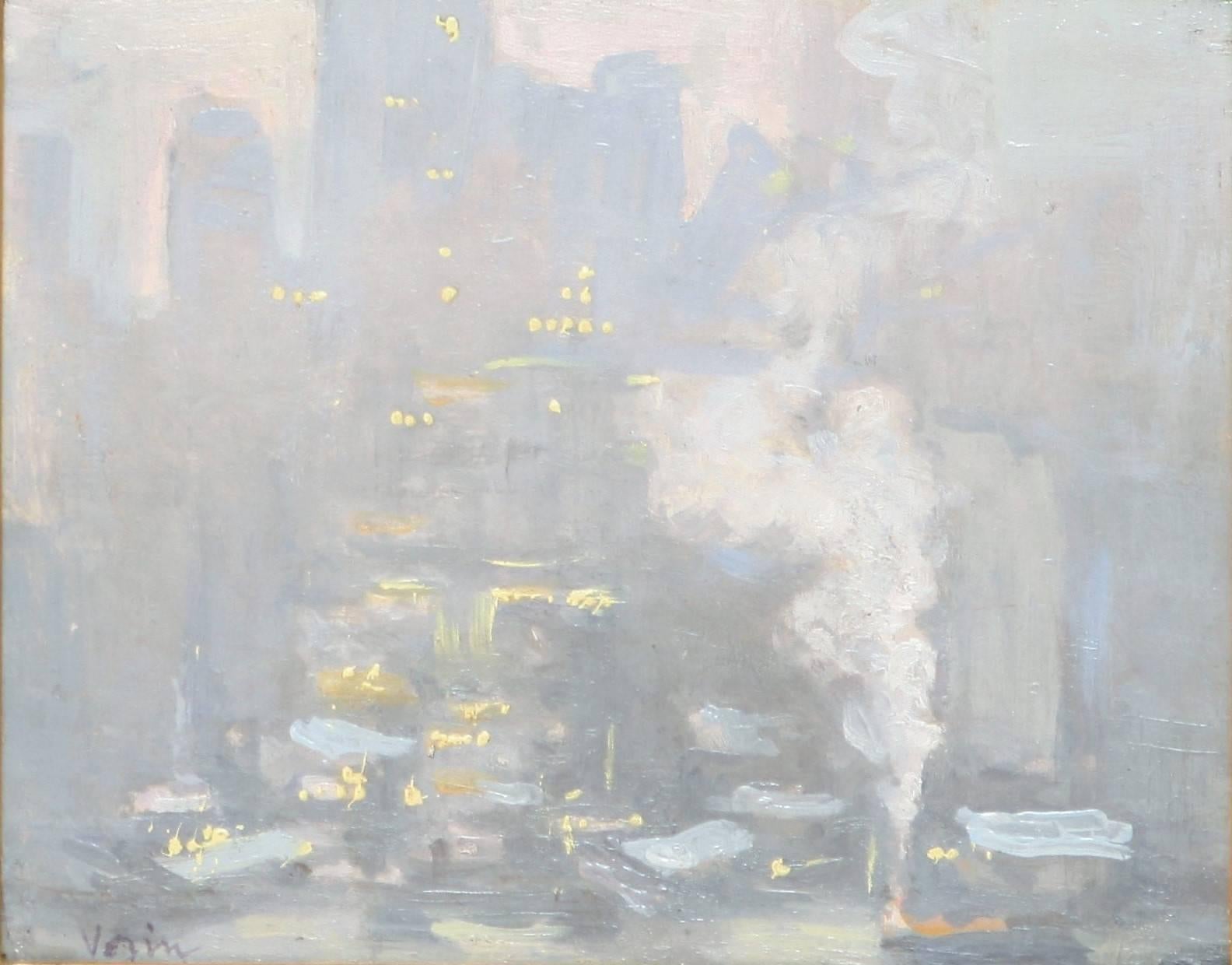 City Lights Across the East River - Painting by Charles Vezin