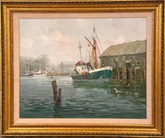 Charles Vickery, "Quiet Harbor" Neuengland-Hafenszene mit Fischereifahrzeug