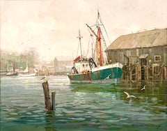 Charles Vickery, "Quiet Harbor" Neuengland-Hafenszene mit Fischereifahrzeug