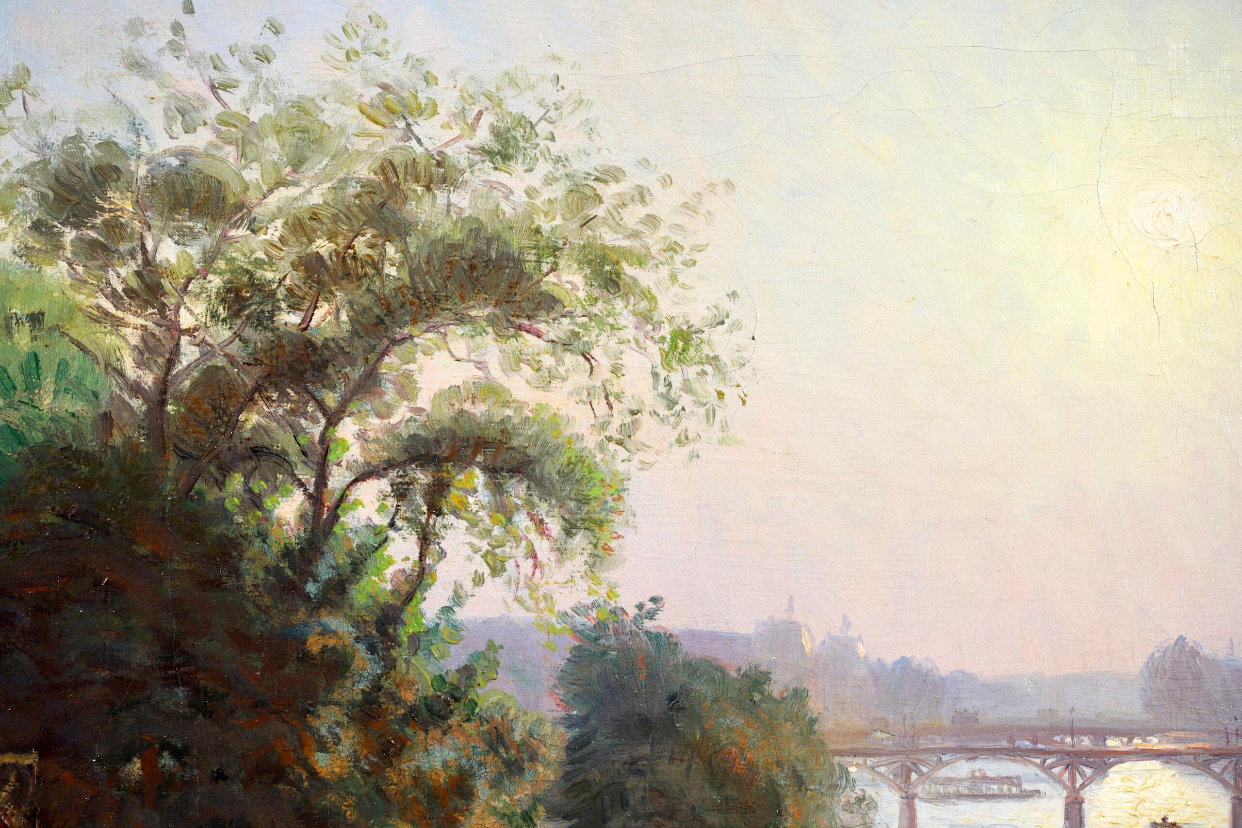 A view from the Pont Neuf - Impressionist Landscape Oil by Charles Guilloux - Beige Landscape Painting by Charles-Victor Guilloux