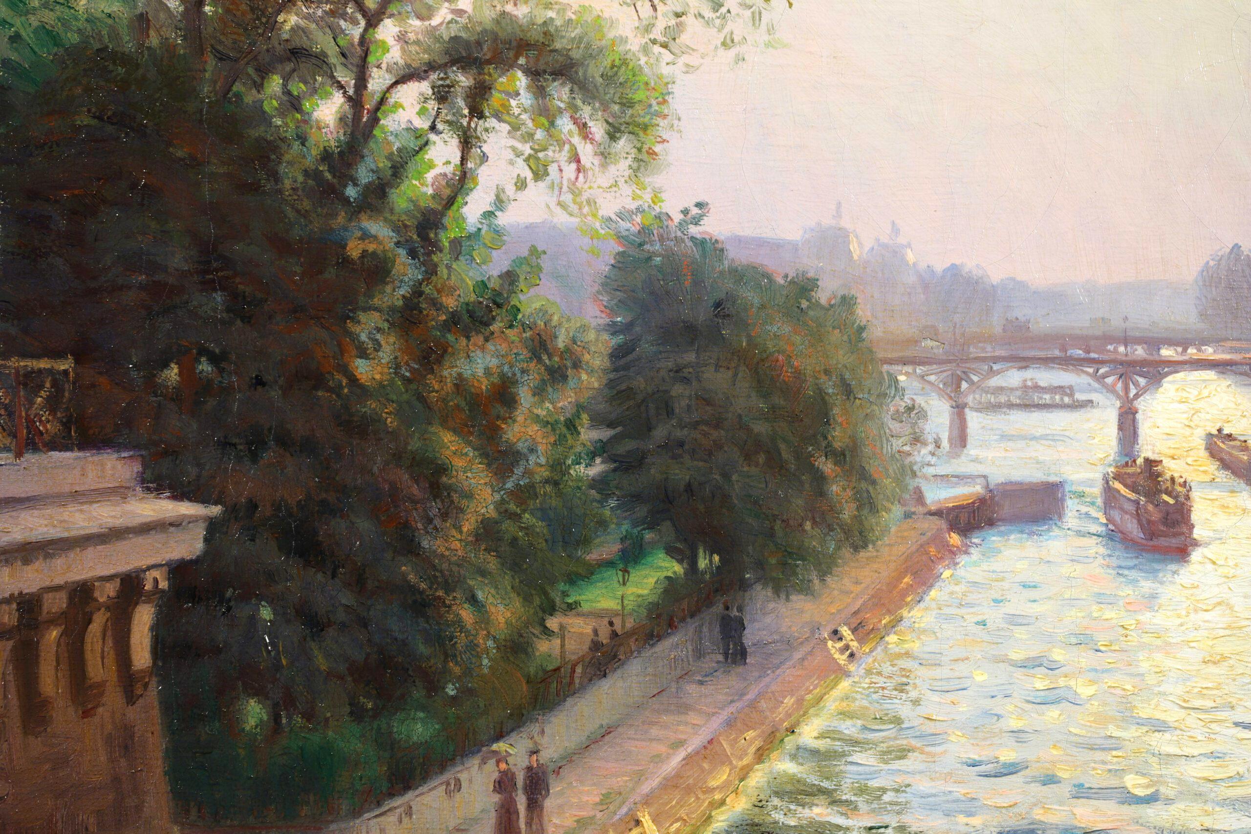 Signed and dated oil on canvas riverscape by French impressionist painter Charles-Victor Guilloux. This beautifully painter piece shows a view from the Pont Neuf looking towards the Pont des Arts with figures walking along the promenade surrounding
