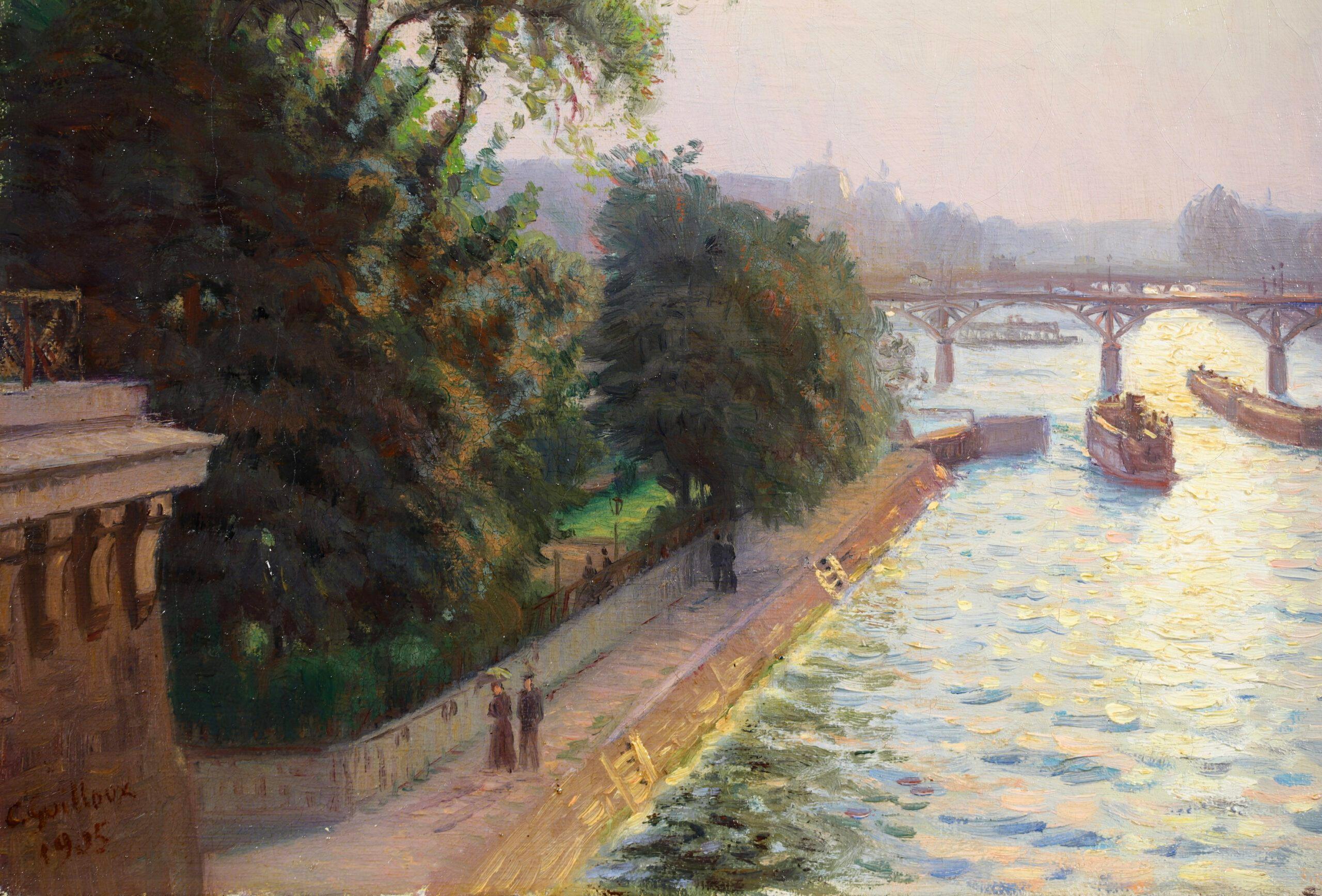 Signiert und datiert Öl auf Leinwand Flusslandschaft von Französisch impressionistischen Maler Charles-Victor Guilloux. Dieses schöne Gemälde zeigt einen Blick von der Pont Neuf auf die Pont des Arts mit Figuren, die auf der Promenade rund um den