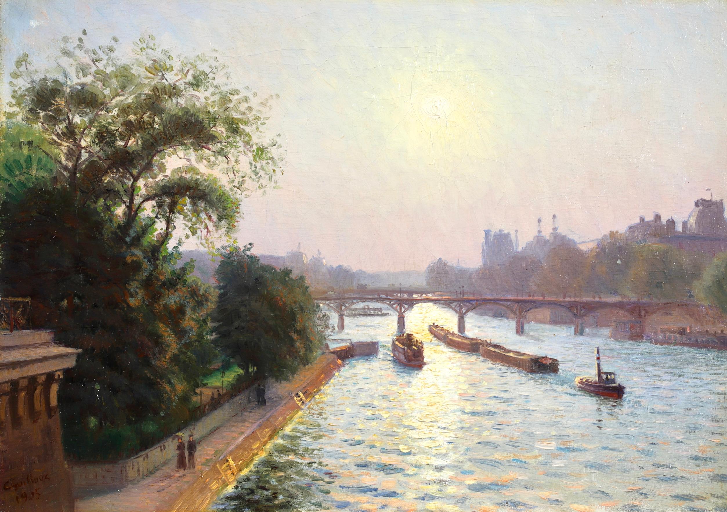 Landscape Painting di Charles-Victor Guilloux - Veduta dal Pont Neuf - Paesaggio impressionista olio di Charles Charles Guilloux