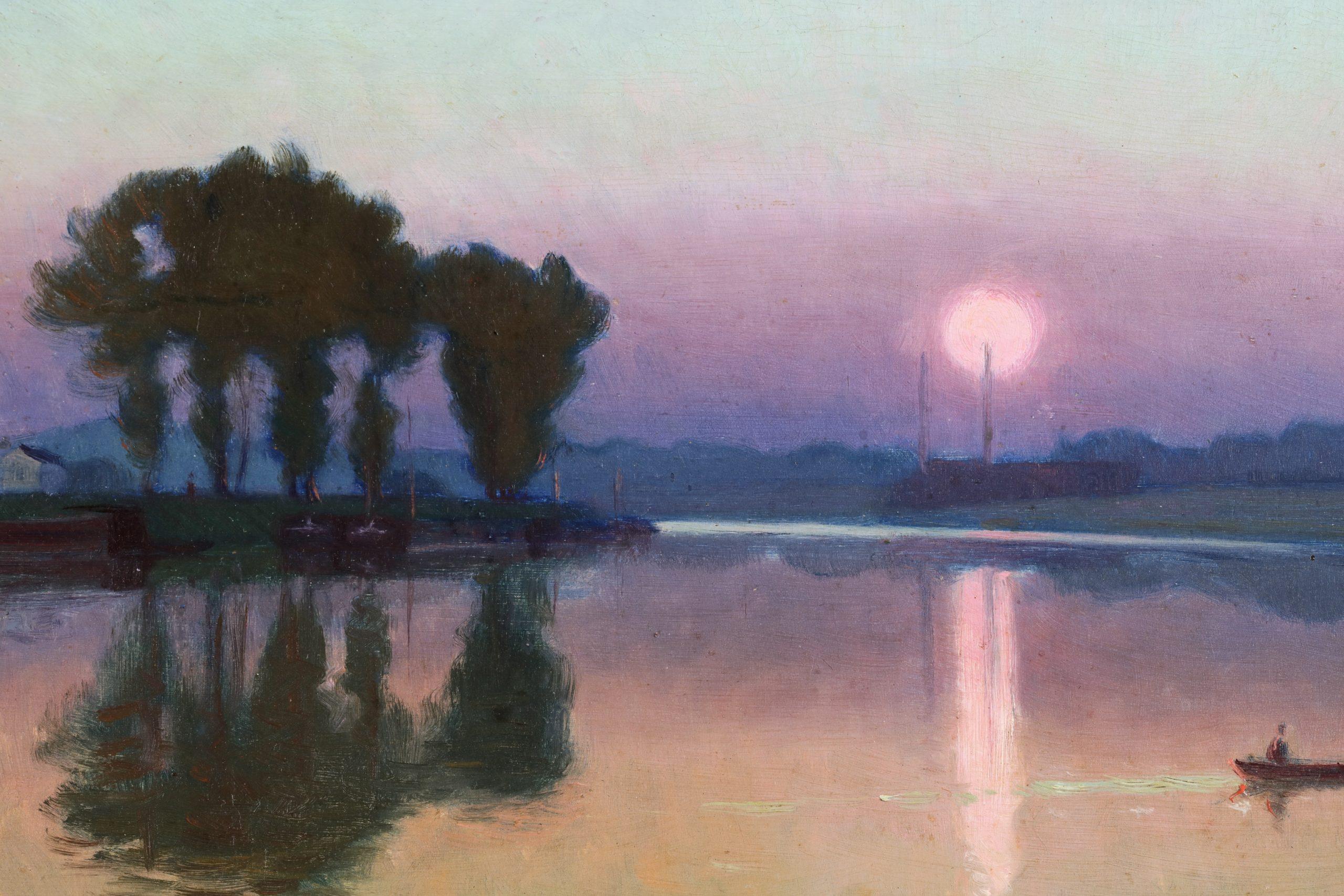 Clair de lune - Pintura al óleo de paisaje impresionista de Charles Guilloux en venta 5