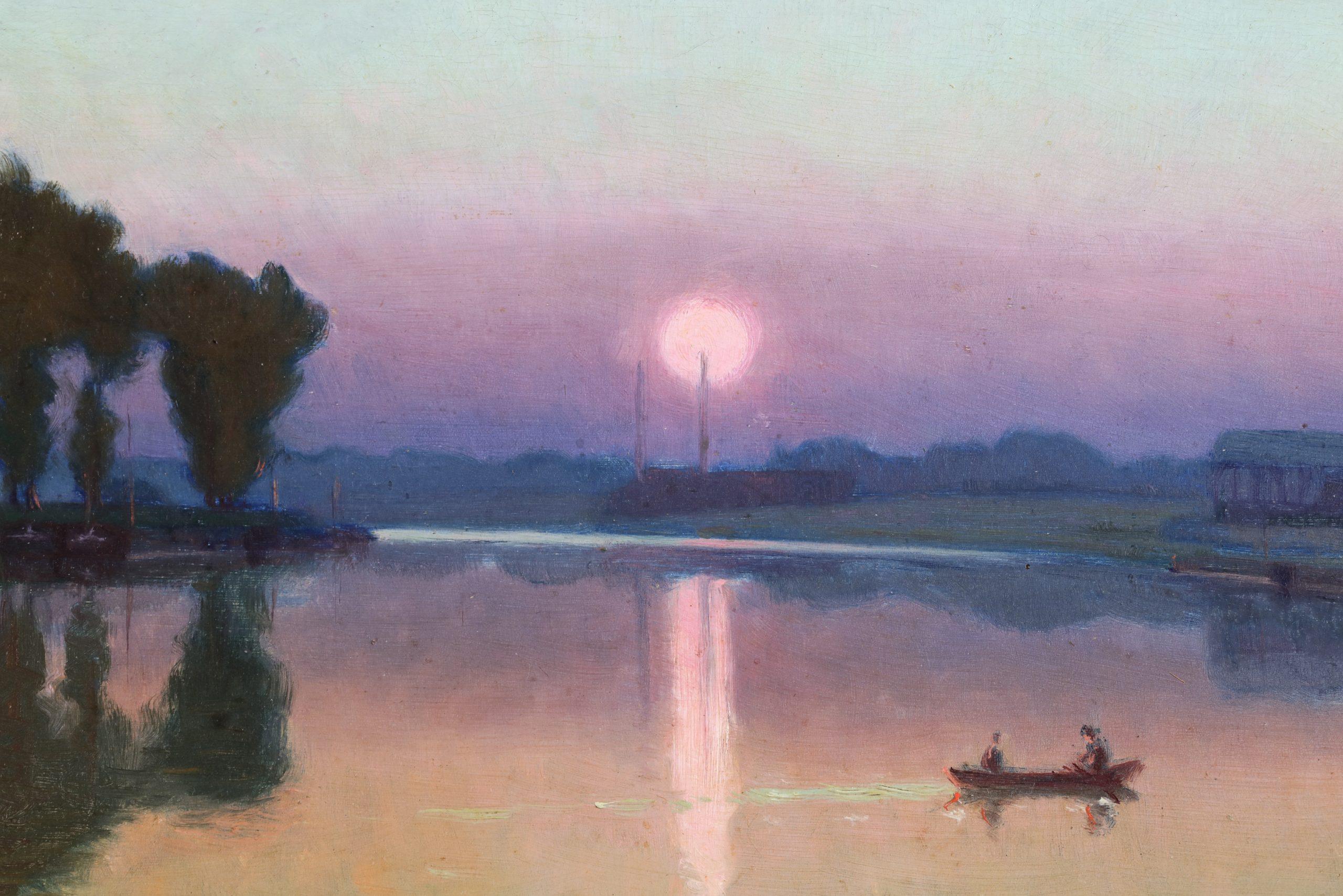 Paisaje fluvial al óleo sobre lienzo firmado y fechado por el pintor impresionista francés Charles-Victor Guilloux. La obra representa una vista a la luz de la luna del río Sena, cerca de Yvelines, en la parte occidental de la región de
