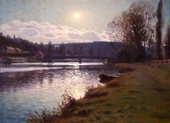 Winter Twilight - Impressionist Oil, Night River Landscape by Charles Guilloux