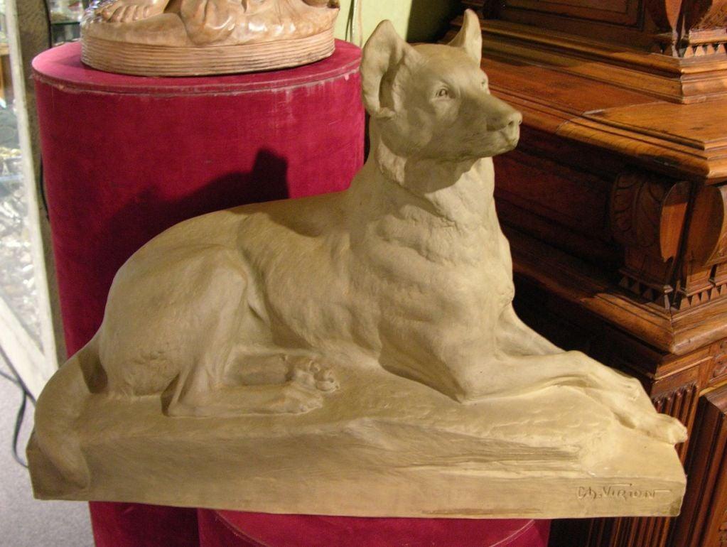 20th Century Charles Virion 1920 Antique Gray Terracotta Sculpture of a German Shepherd Dog