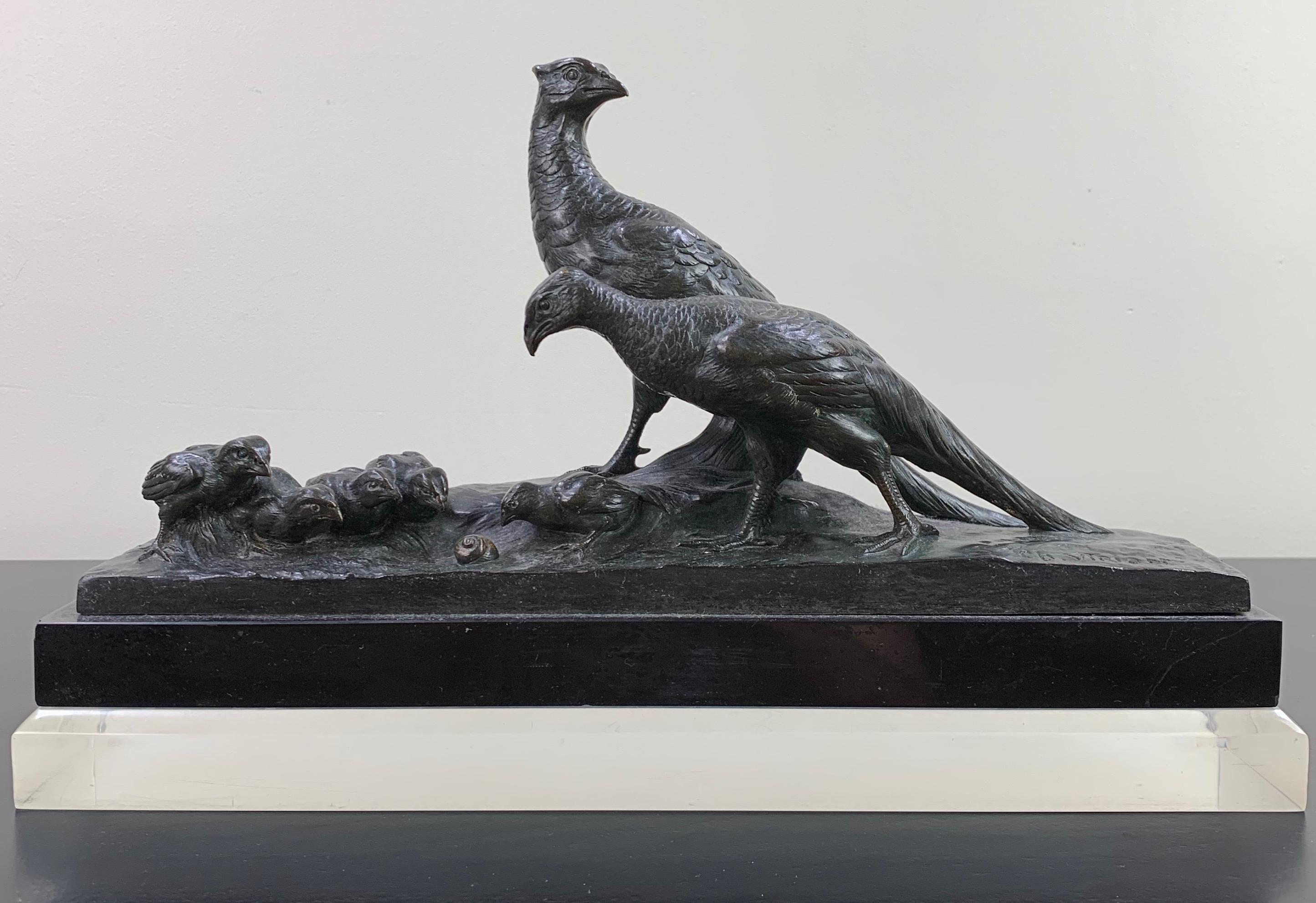 Study in Bronze of a family of pheasants surrounding a snail, signed with foundry mark.

Charles Louis Eugène Virion (1865-1946) was a noted French sculptor and ceramicist, principally of animals. Virion studied sculpture in Paris under Jean-Paul
