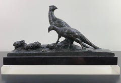 Étude en bronze de Charles Virion : étude figurative d'une famille de faisans et d'un escargot