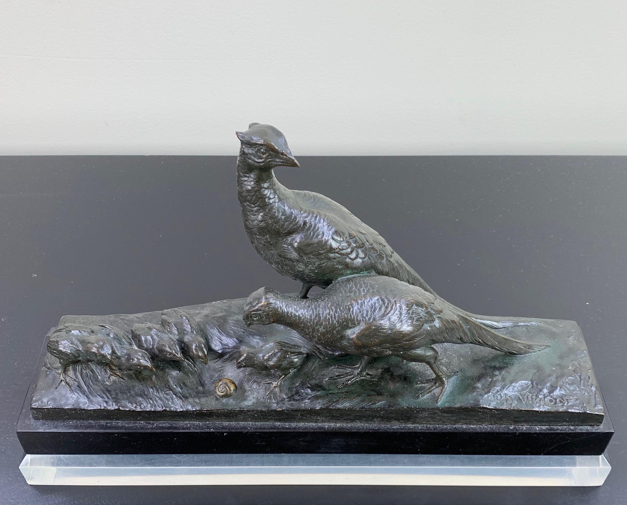 Bronze Study by Charles Virion a Figural Study of a Pheasant Family and a Snail In Good Condition For Sale In Philadelphia, PA