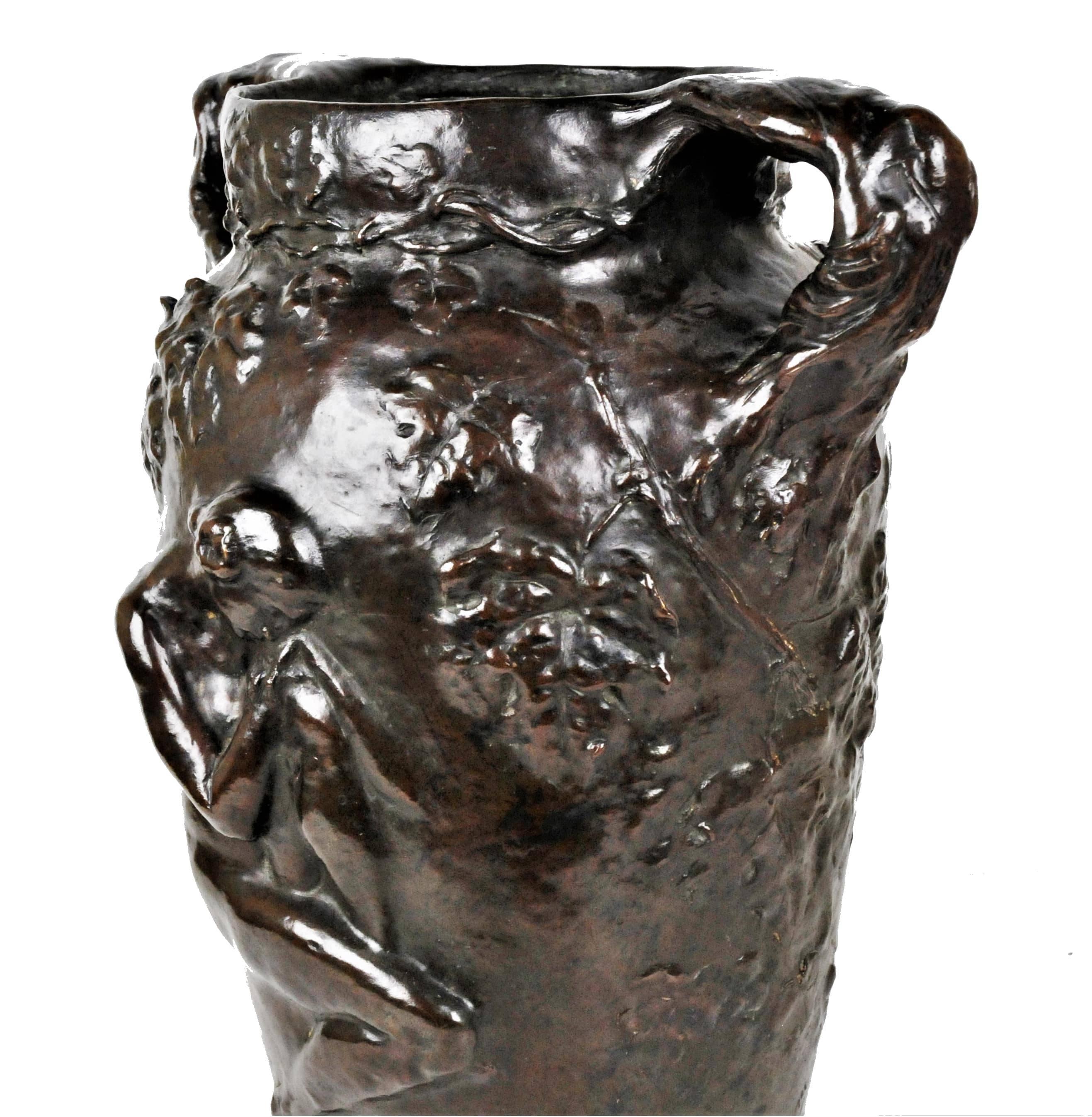 Patinated Charles Vital-Cornu, French Art Nouveau Bronze Sculptural Floral Vase, 1900s For Sale