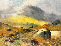 Victorian Signed Oil Family of Stags Scottish Highland Landscape beside Loch