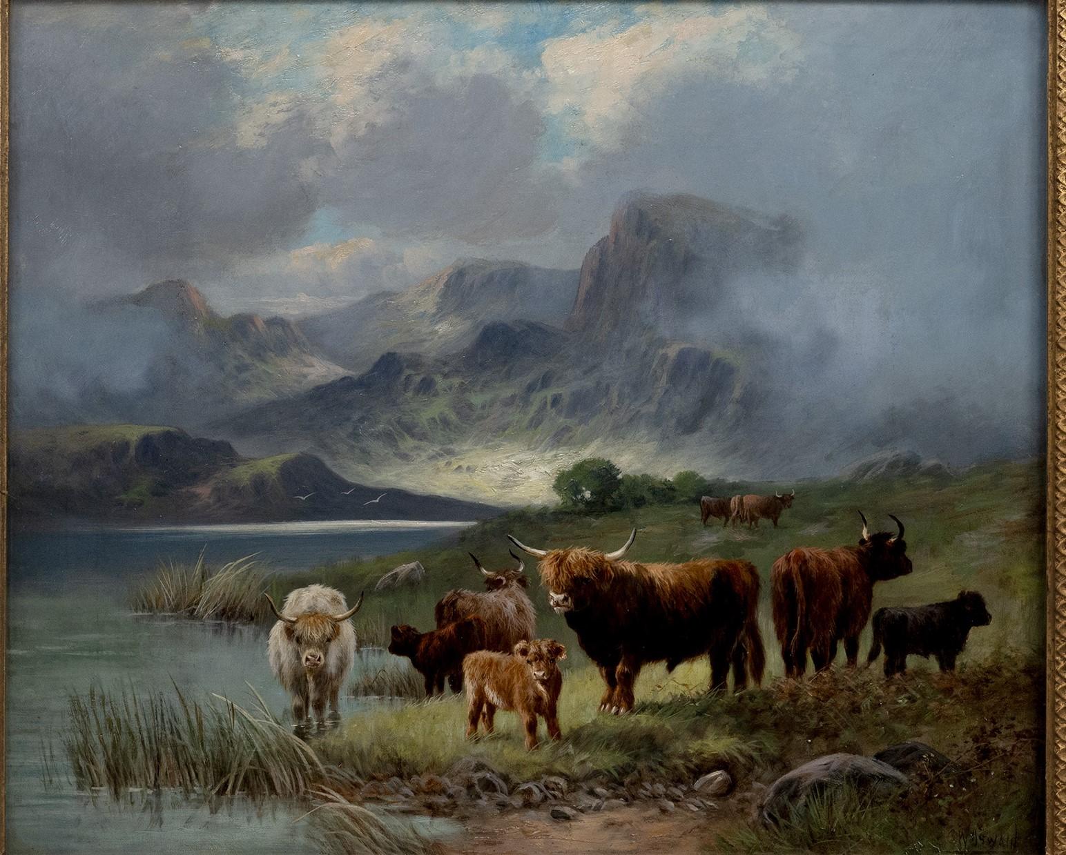 Highland Cattle And Scottish Mountain oil painitng Scene By Charles W Oswald 1