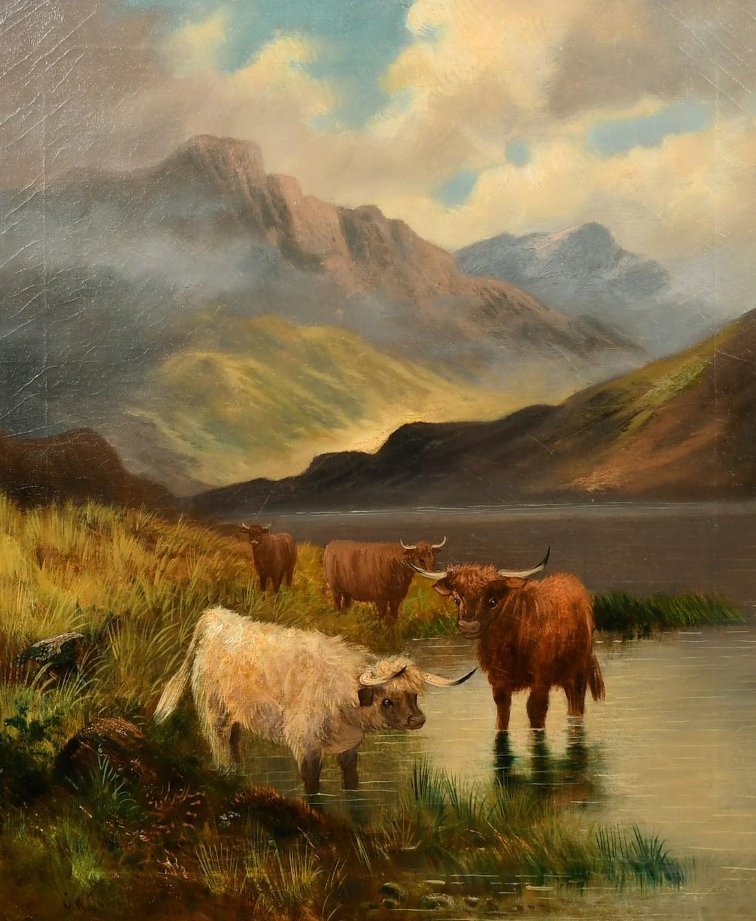 Charles W. Oswold Animal Painting - Fine Victorian Scottish Oil Painting Highland Cattle watering from the Loch