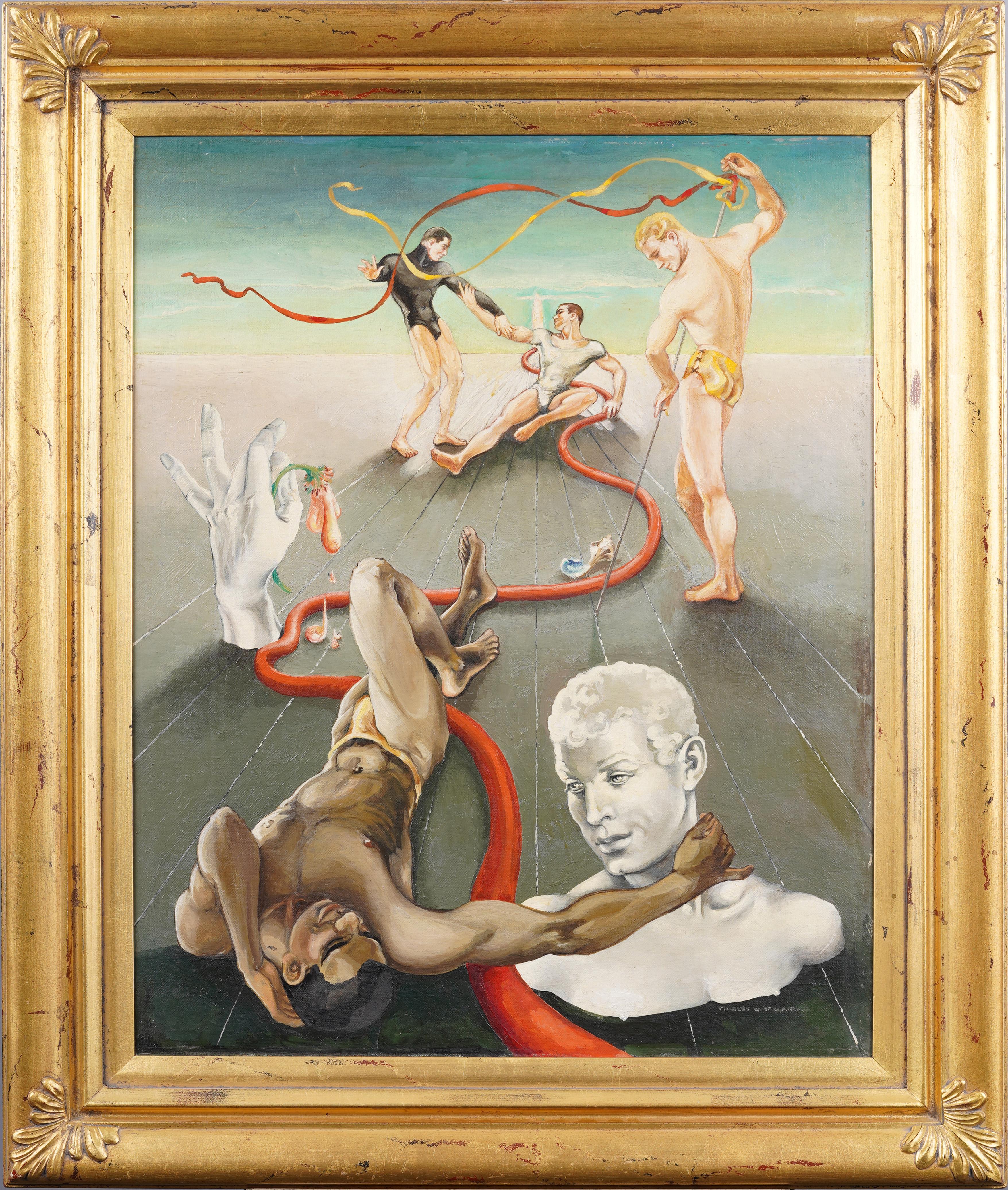 Antico dipinto ad olio del periodo modernista americano, nudo maschile, capolavoro surrealista - Painting di Charles W St Clair