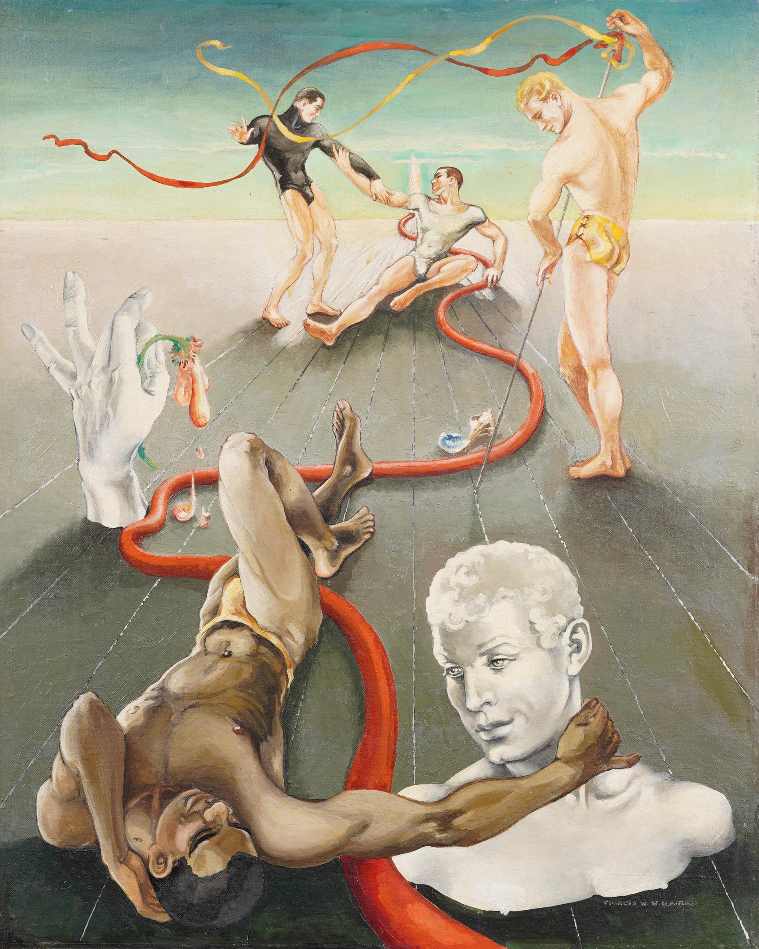 Antico dipinto ad olio del periodo modernista americano, nudo maschile, capolavoro surrealista - Painting Surrealismo di Charles W St Clair