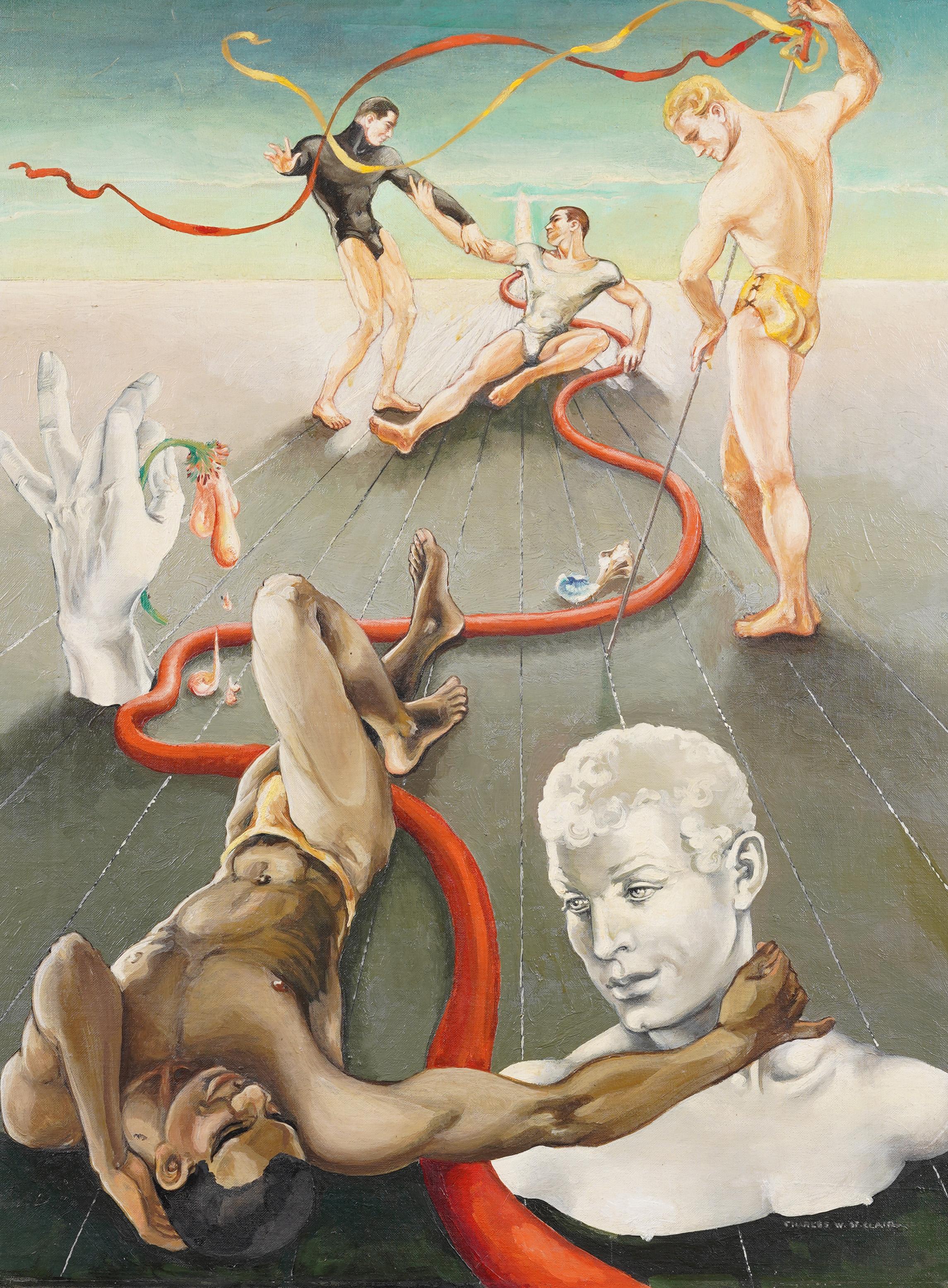 Antico dipinto ad olio del periodo modernista americano, nudo maschile, capolavoro surrealista - Nude Painting Marrone di Charles W St Clair