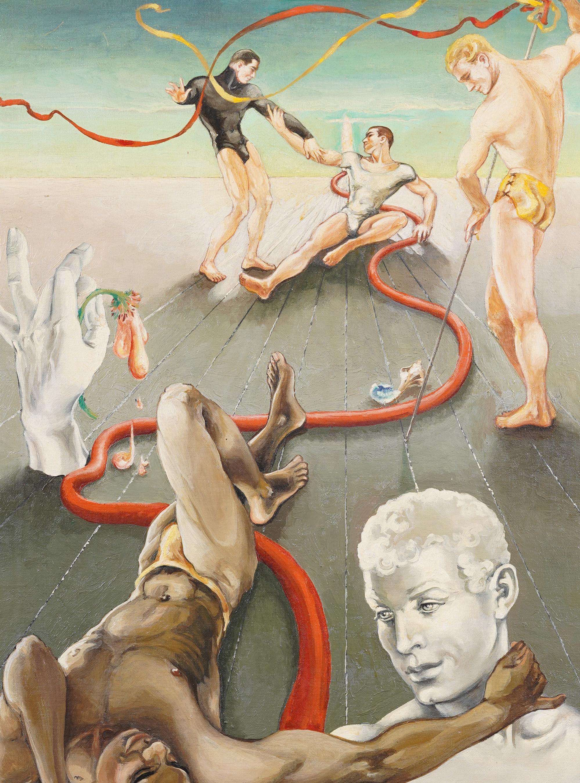Incredibile paesaggio di ritratto maschile nudo surrealista degli inizi dell'America.  Dipinto da Charles W. St. Clair.  Olio su tavola.  Incorniciato.  Dimensioni dell'immagine, 24L x 30H.  Super dettagliato e raro!
