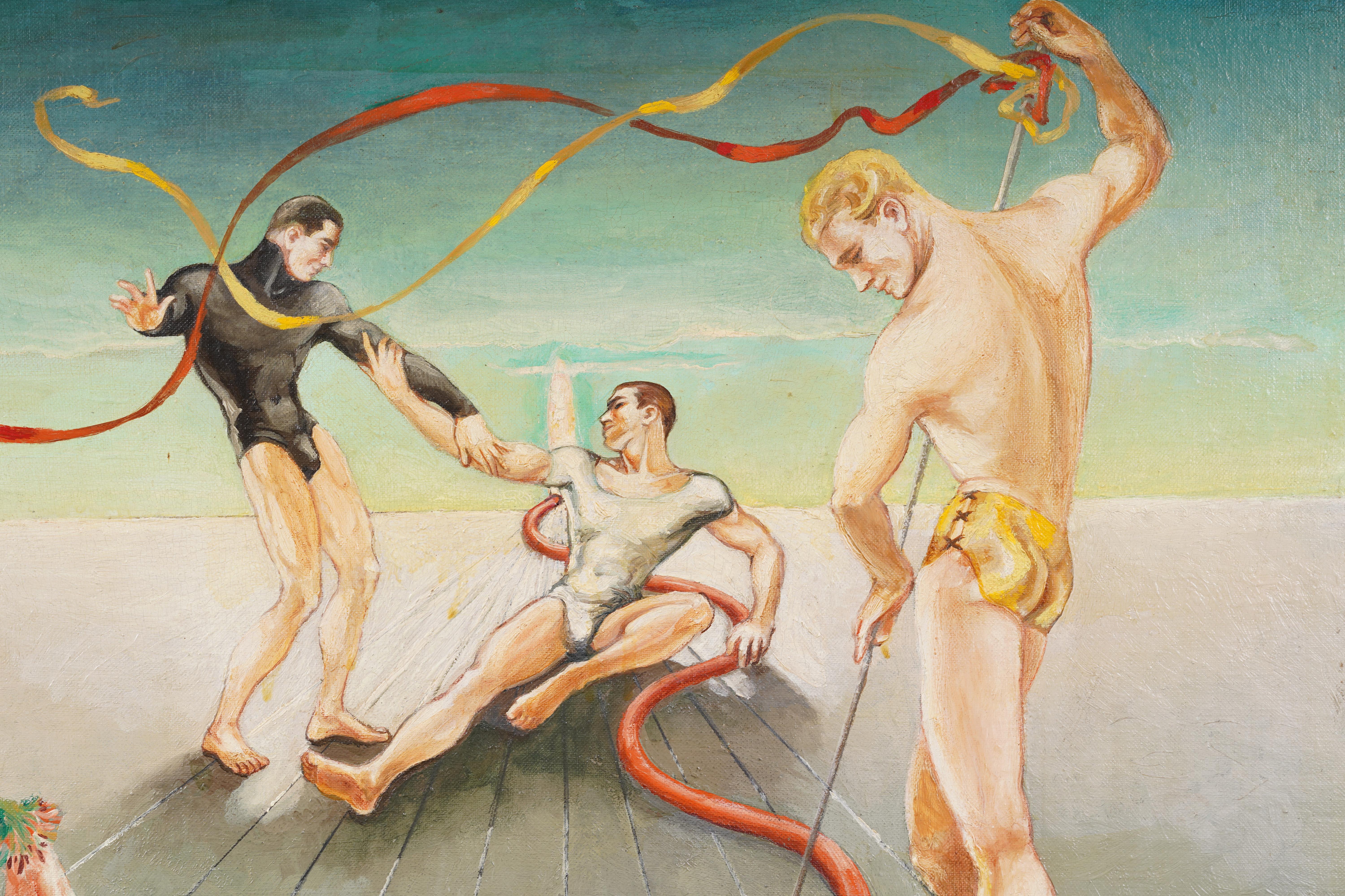 Antico dipinto ad olio del periodo modernista americano, nudo maschile, capolavoro surrealista in vendita 1