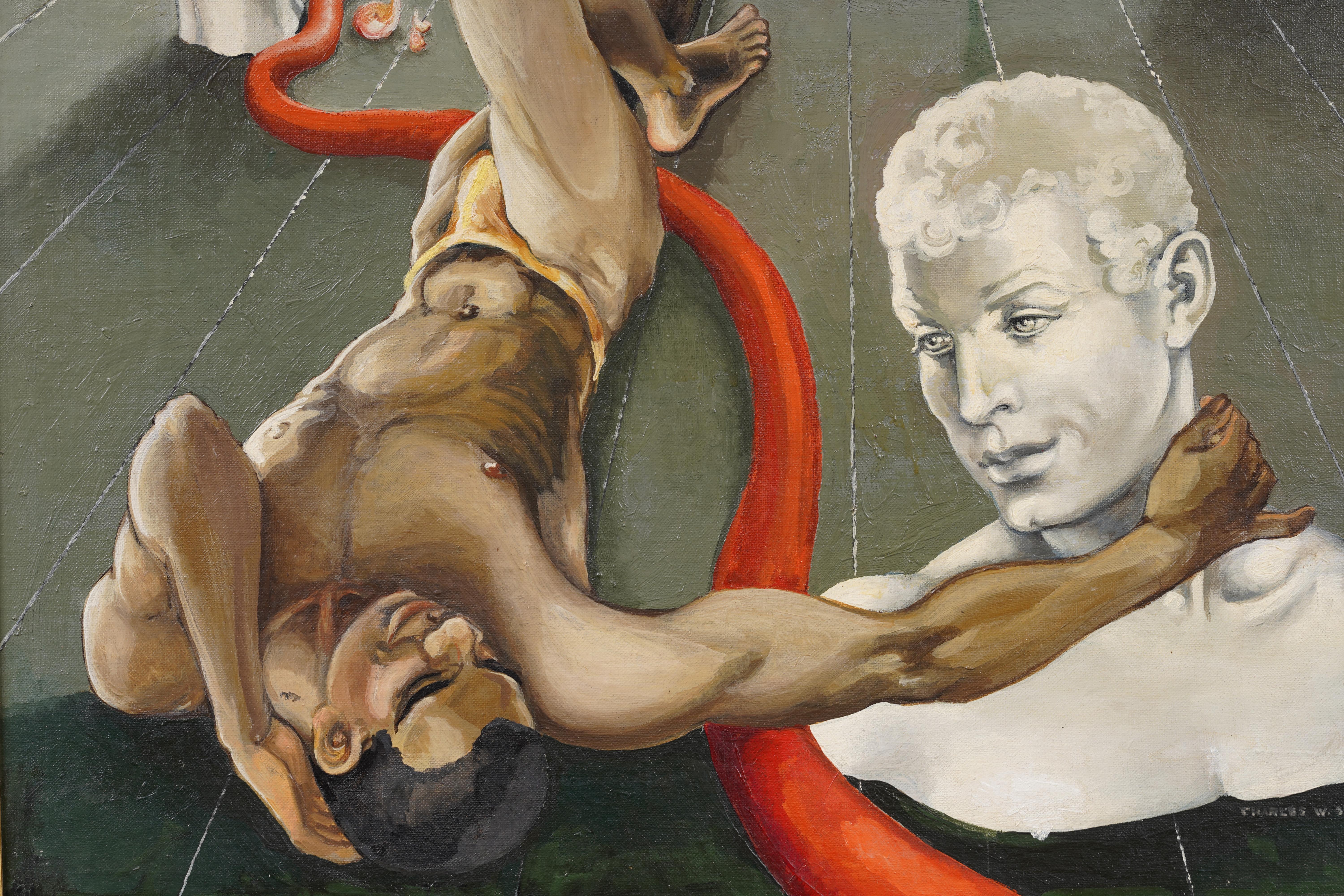 Antico dipinto ad olio del periodo modernista americano, nudo maschile, capolavoro surrealista in vendita 3