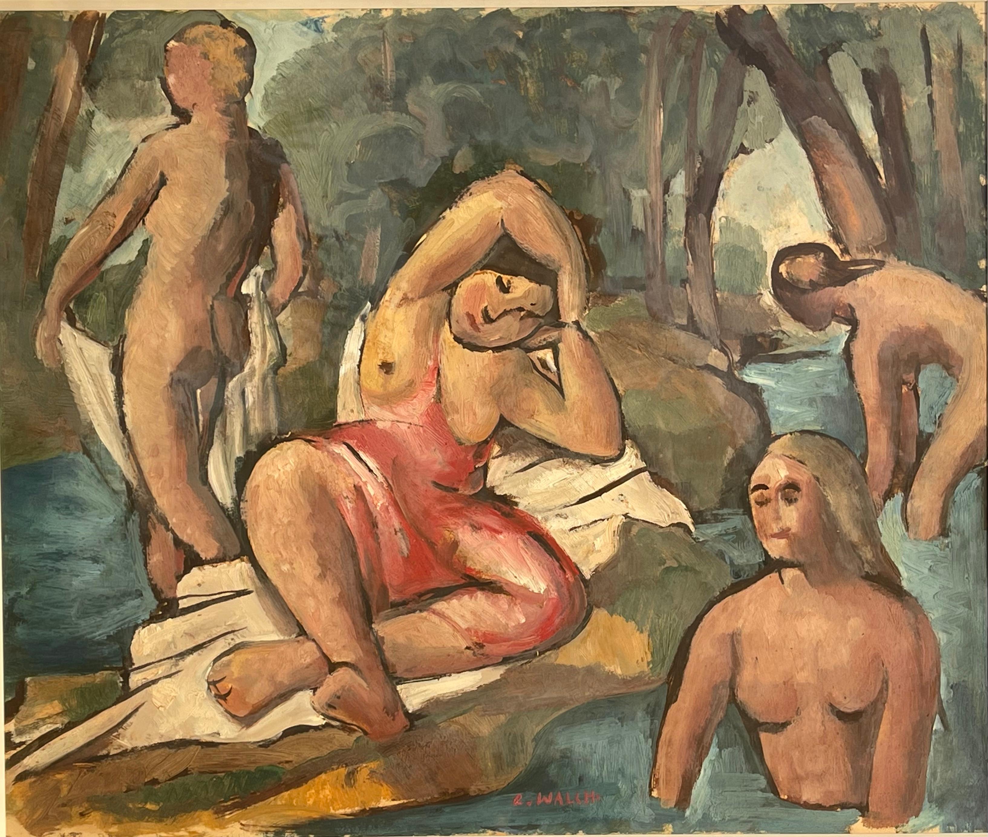 Gouache on paper representing naked women taking a bath in a stream in the heart of nature. Signed and countersigned at the bottom and in the center 