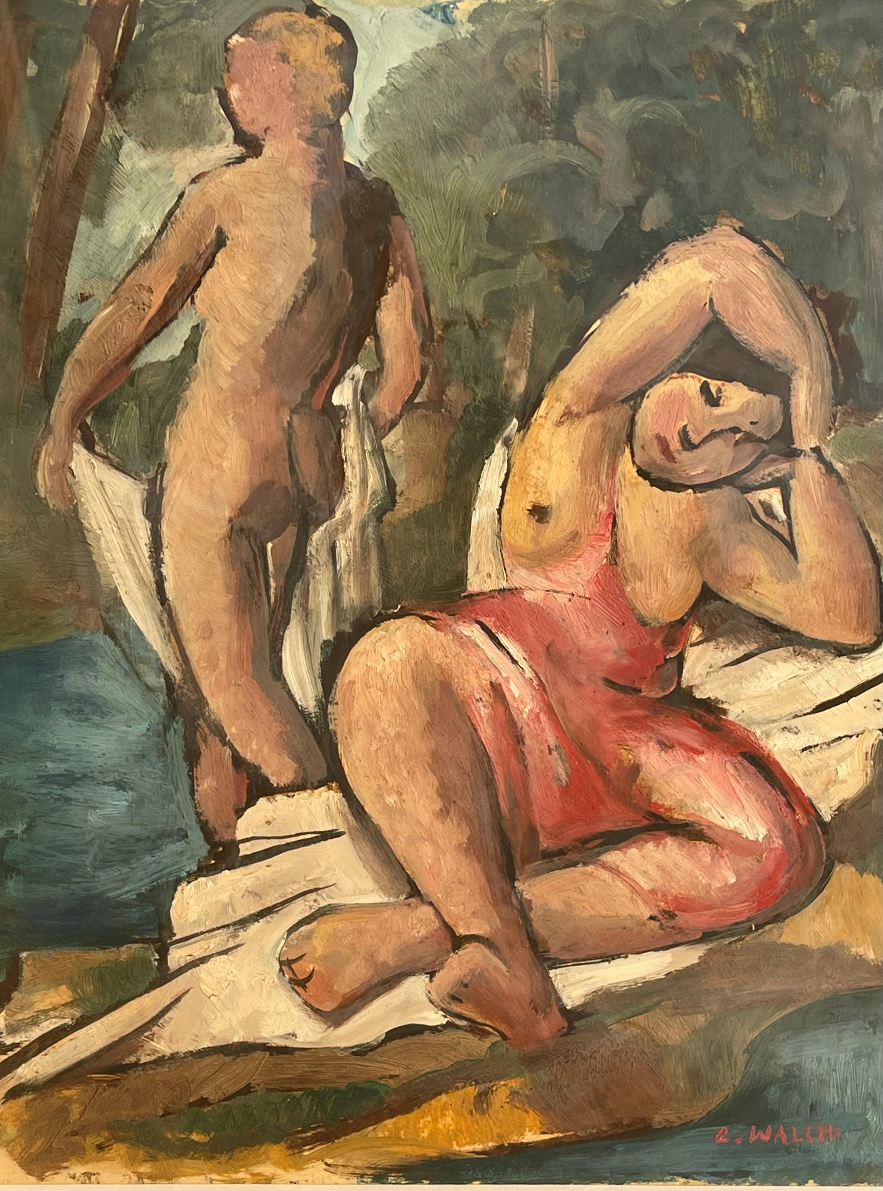 French Charles WALCH (1896-1948) - Bathing In The River, Gouache For Sale